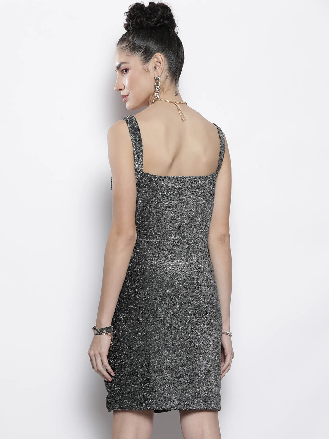 Women Silver Lurex Ruched Bodycon Dress - Image 4
