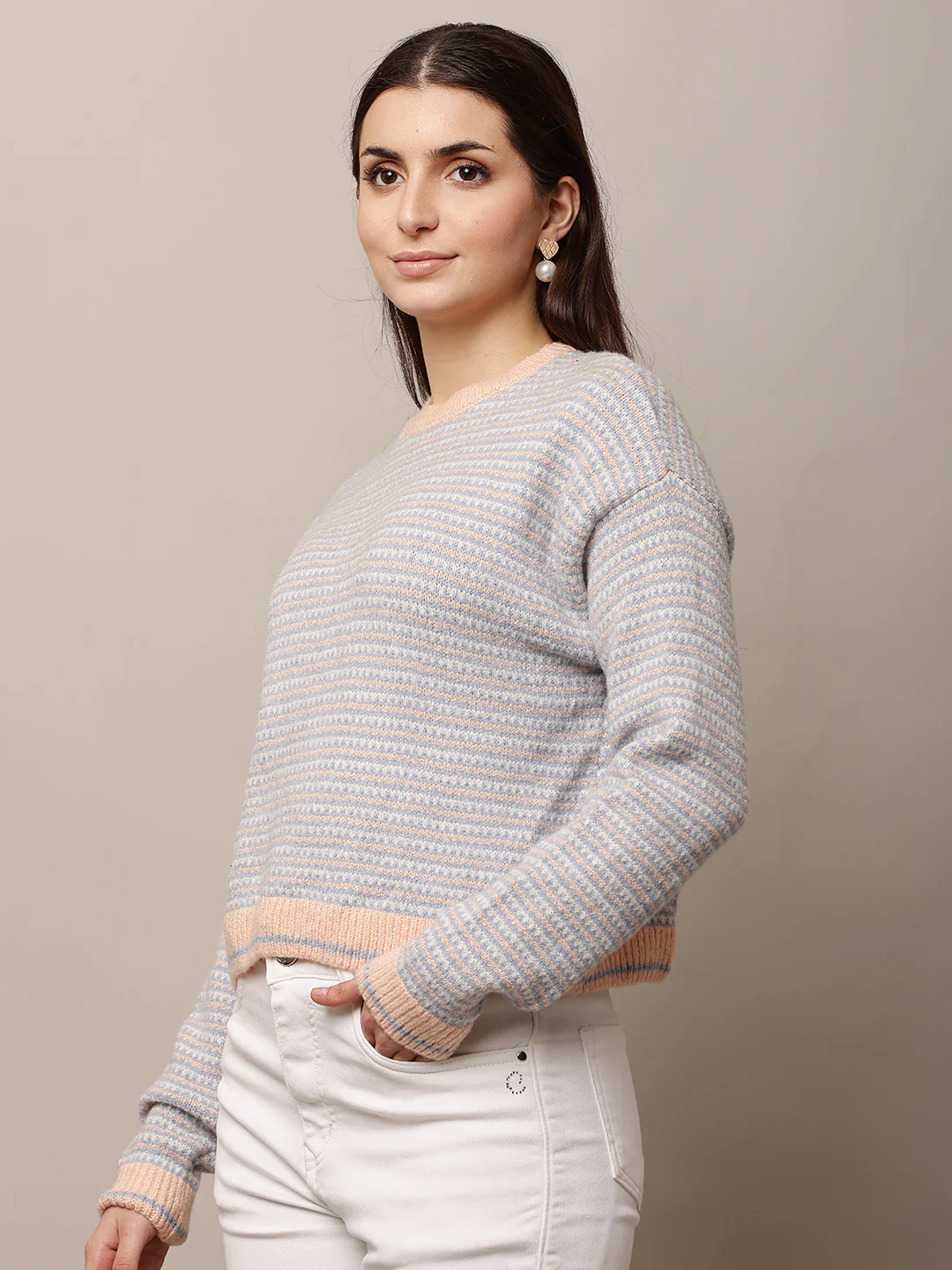 Women Sky Blue Loose Round Neck Sweater - Image 2