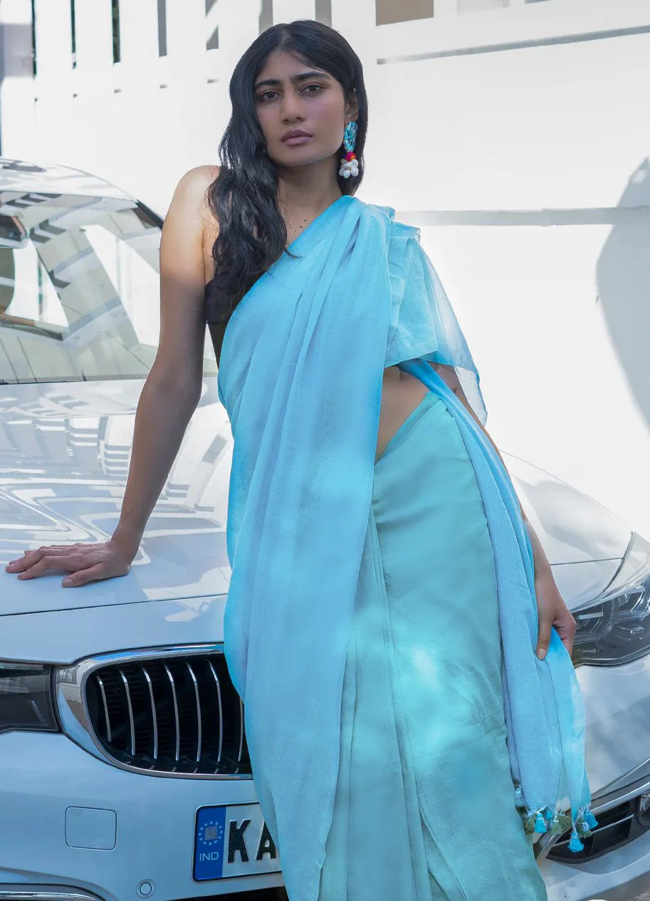 Women Sky Blue Solid Cotton Saree - Image 2