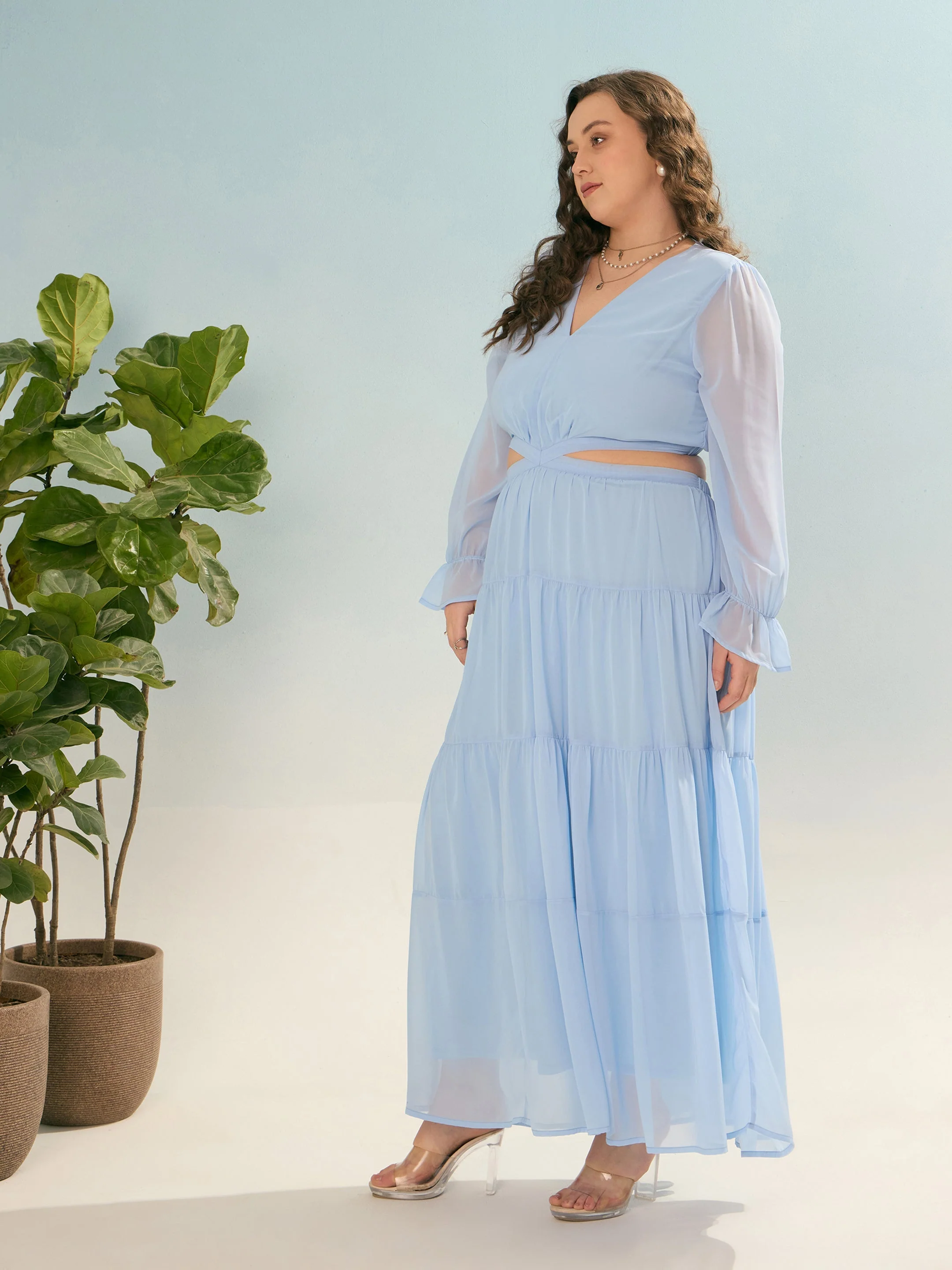 Women Sky Blue Solid Waist Cut-Out Maxi Dress - Image 3