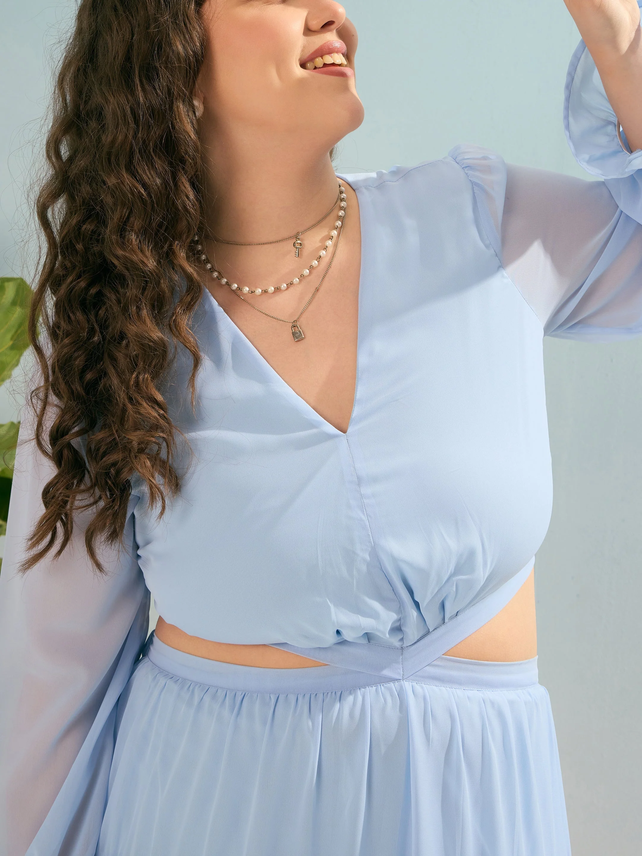 Women Sky Blue Solid Waist Cut-Out Maxi Dress - Image 4