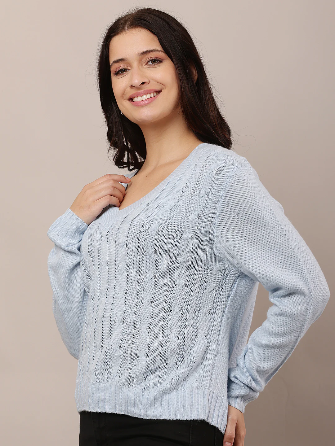 Women Sky Blue V-Neck Sweater - Image 2