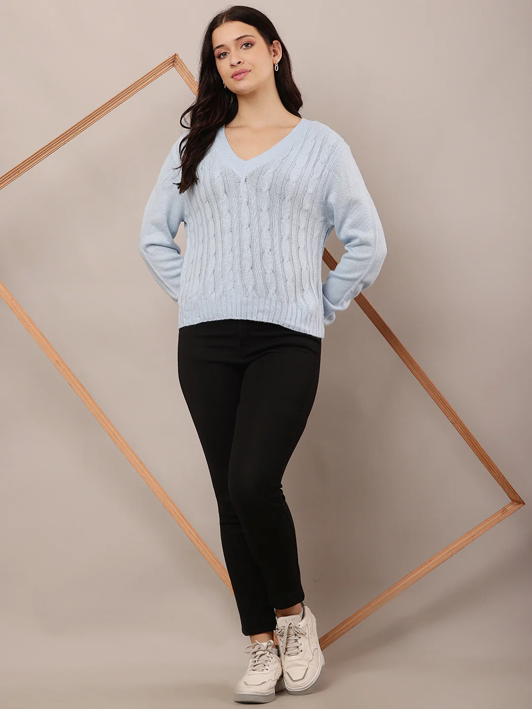 Women Sky Blue V-Neck Sweater - Image 3