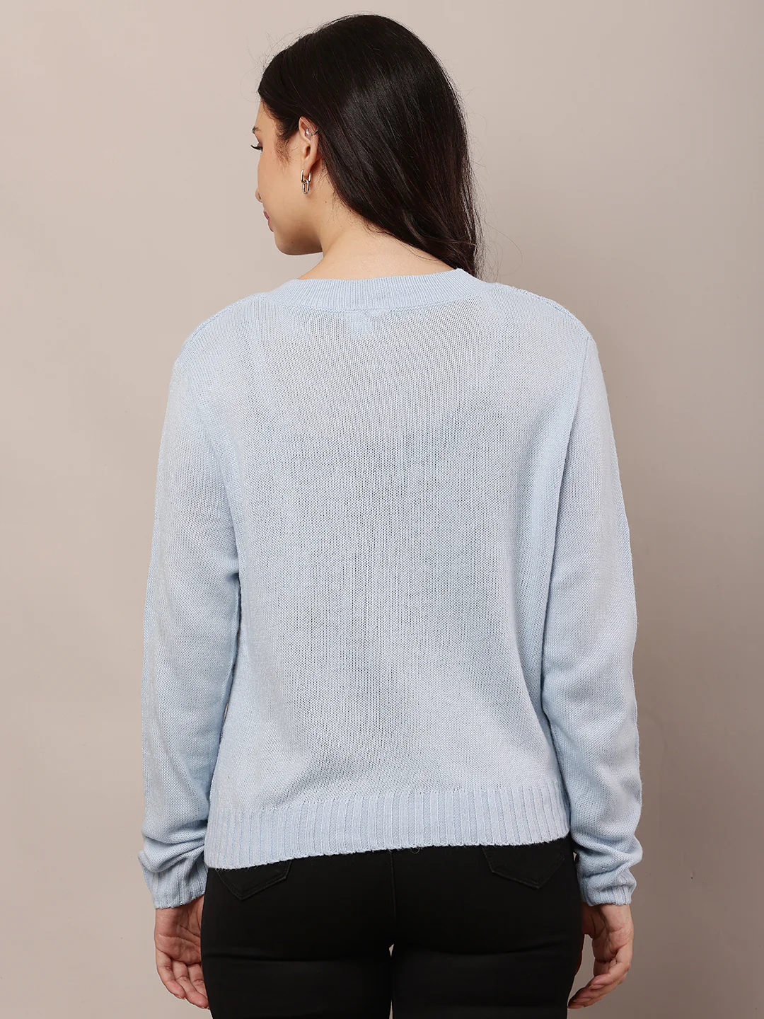 Women Sky Blue V-Neck Sweater - Image 4