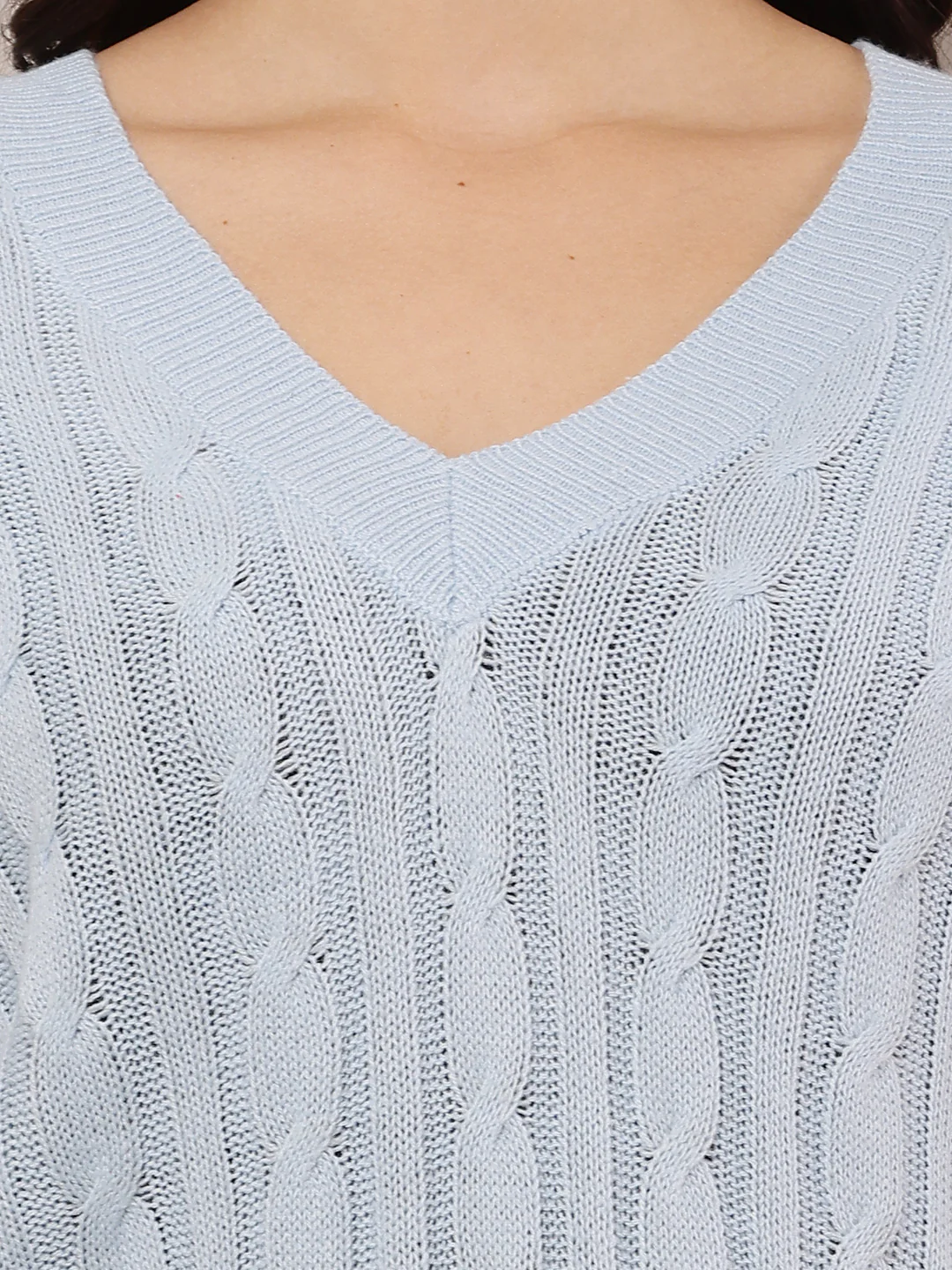 Women Sky Blue V-Neck Sweater - Image 5