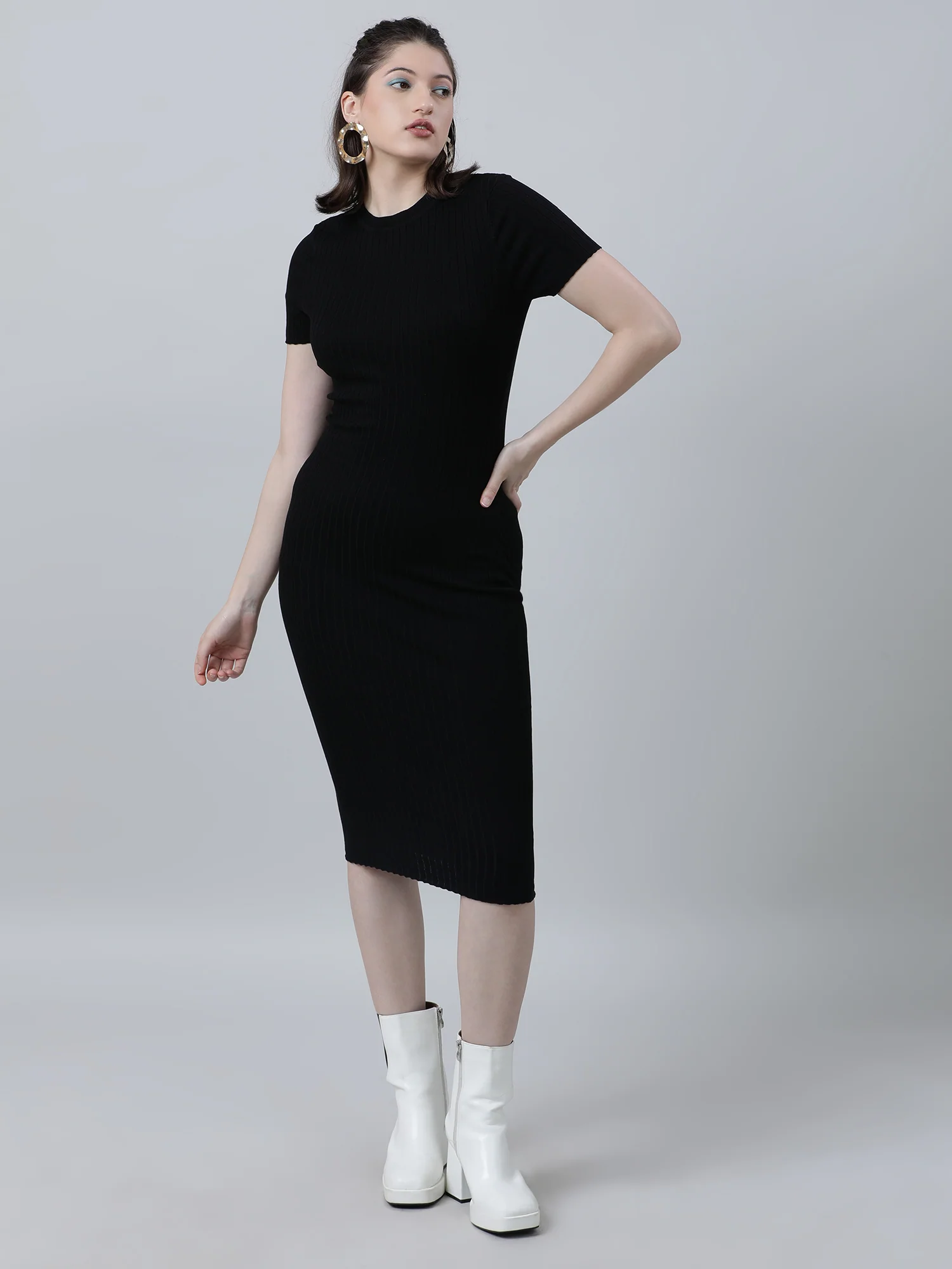 Women Slim Fit Black Bodycon Midi Dress - Image 3