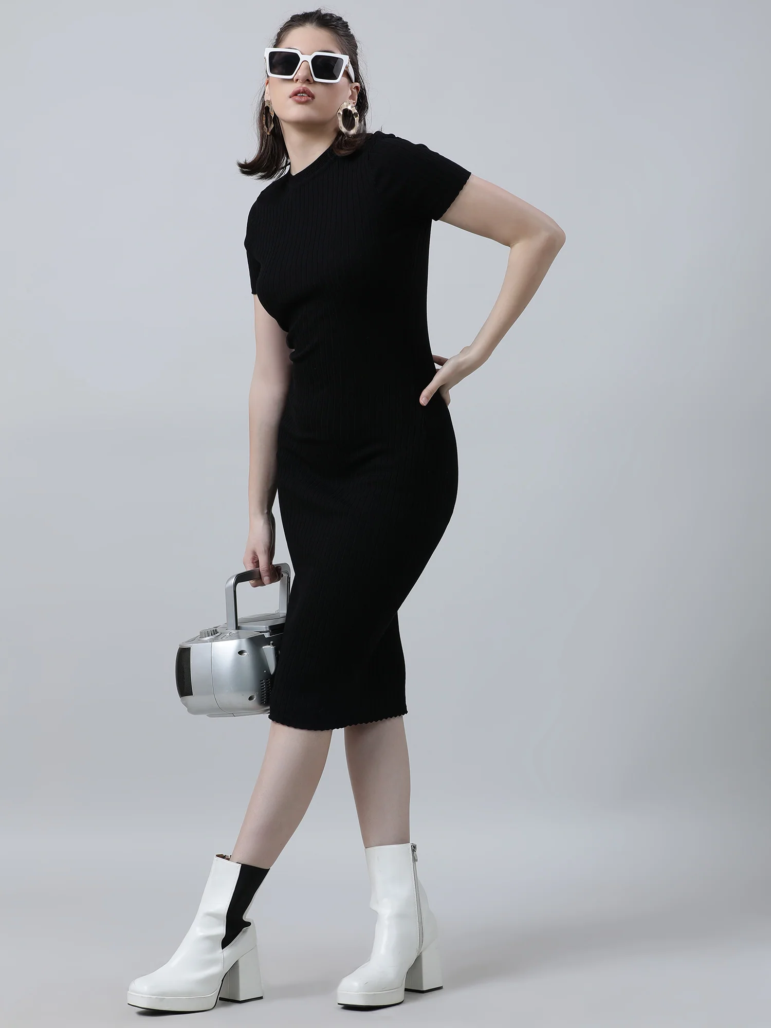 Women Slim Fit Black Bodycon Midi Dress - Image 8