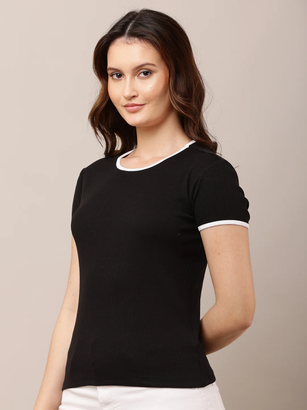 Women Slim Fit Black Cotton Round Neck Top - Image 2