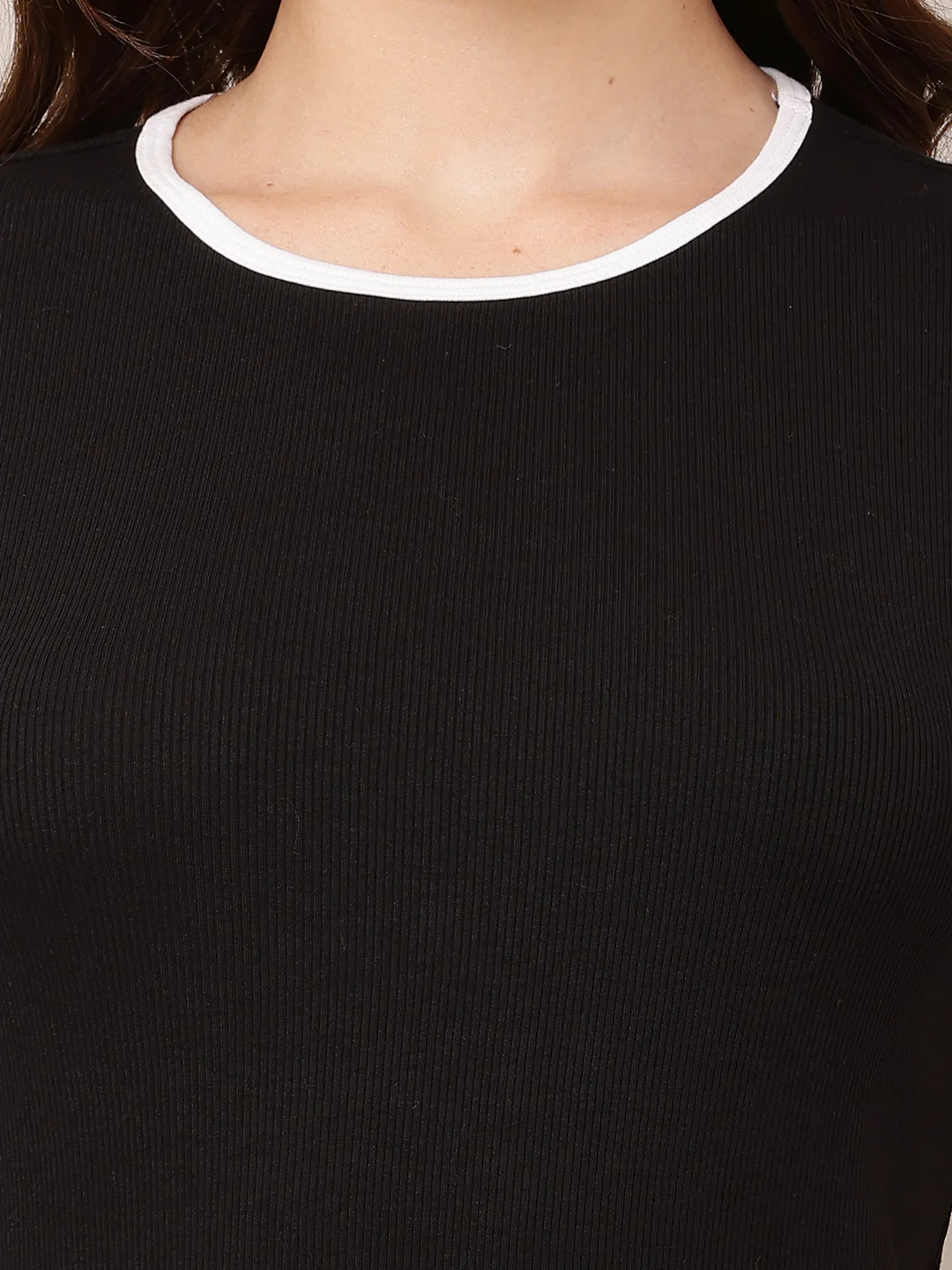 Women Slim Fit Black Cotton Round Neck Top - Image 5