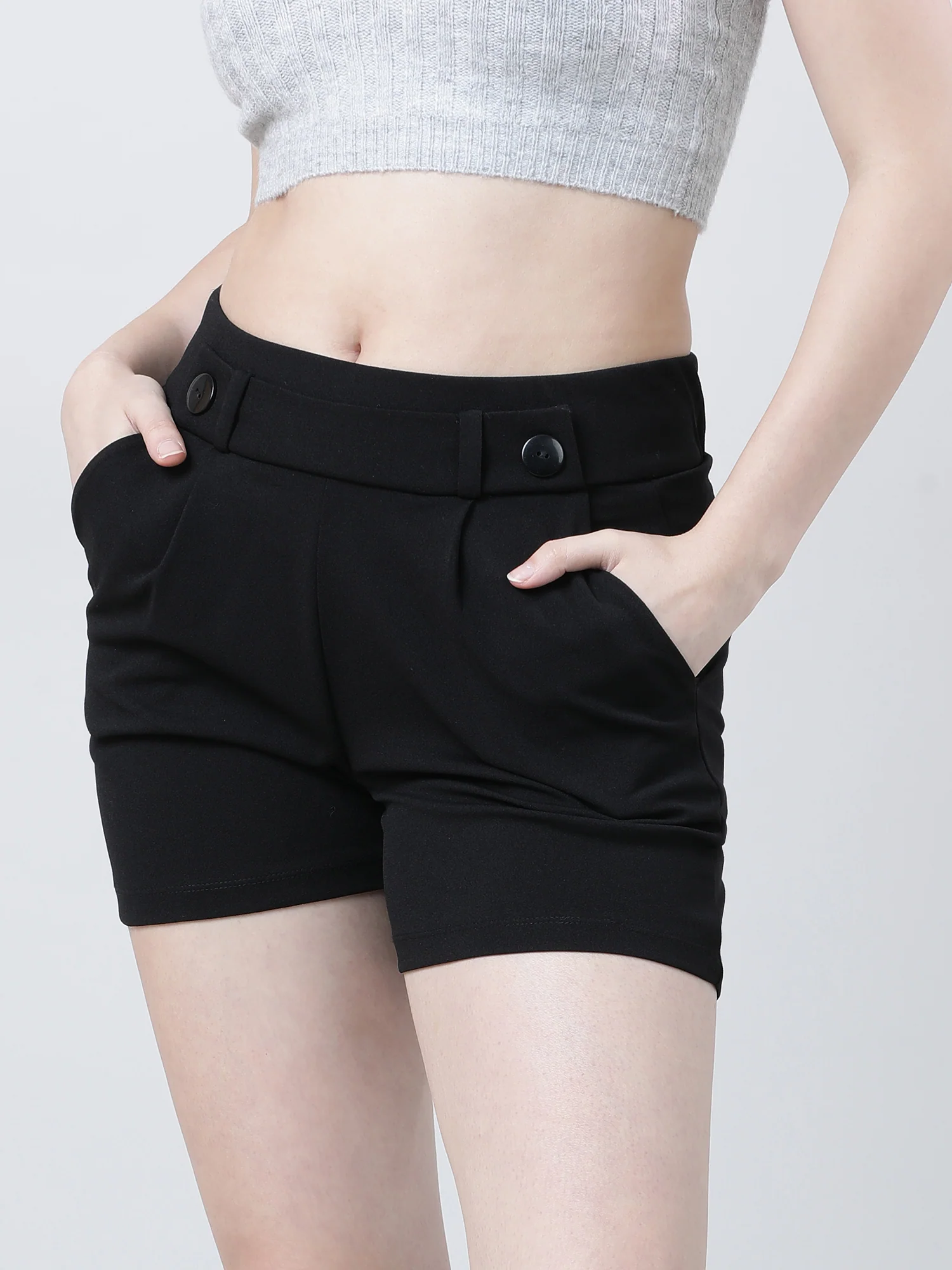 Women Slim Fit Black Shorts With Insert Pockets - Image 2