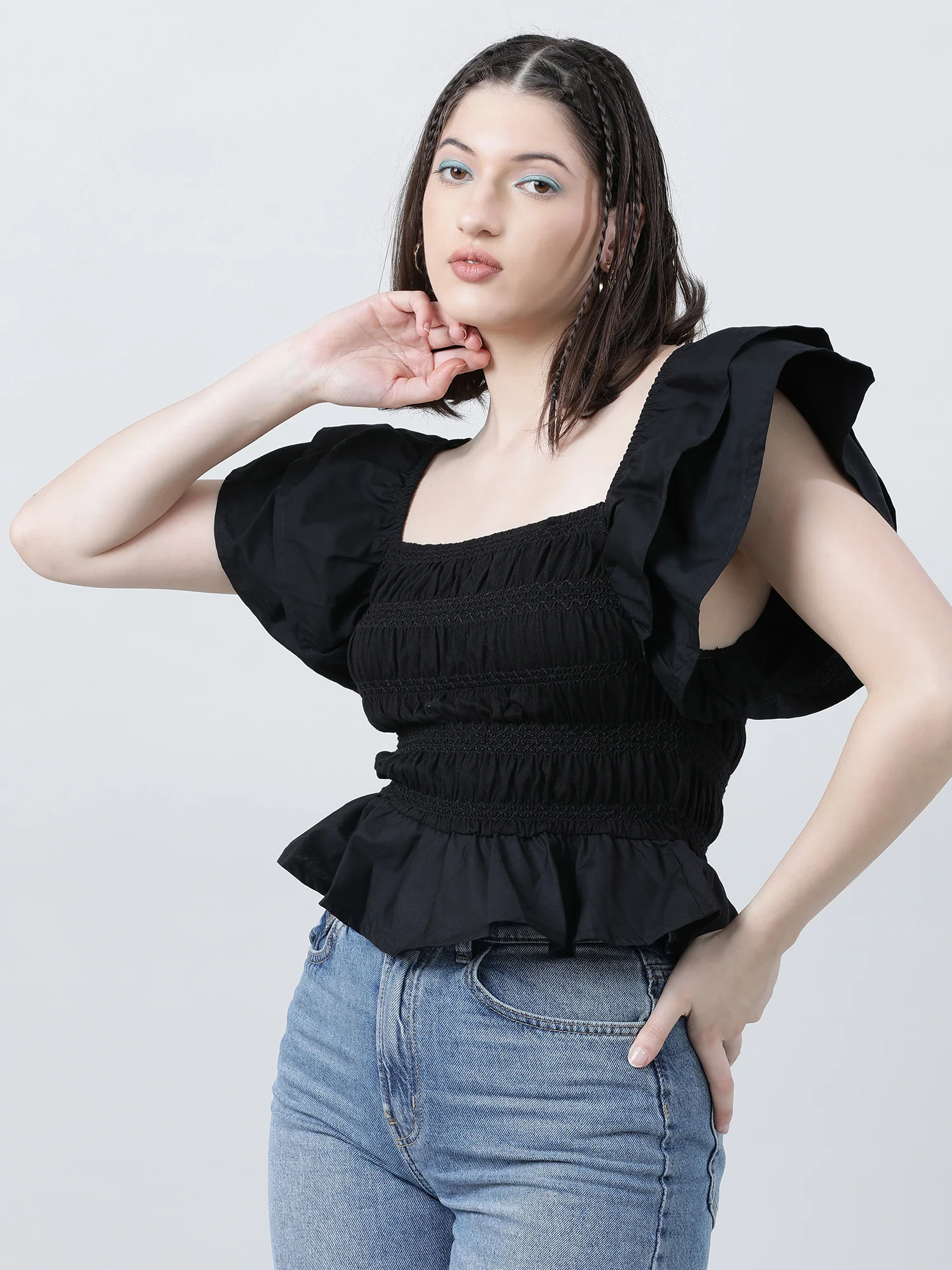 Women Black Striped Square Neck Sleeveless Top - Image 2