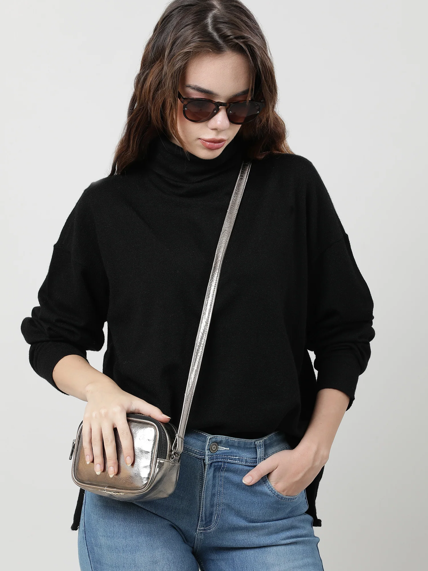 Women Black Turtle Neck Knit Top - Image 2