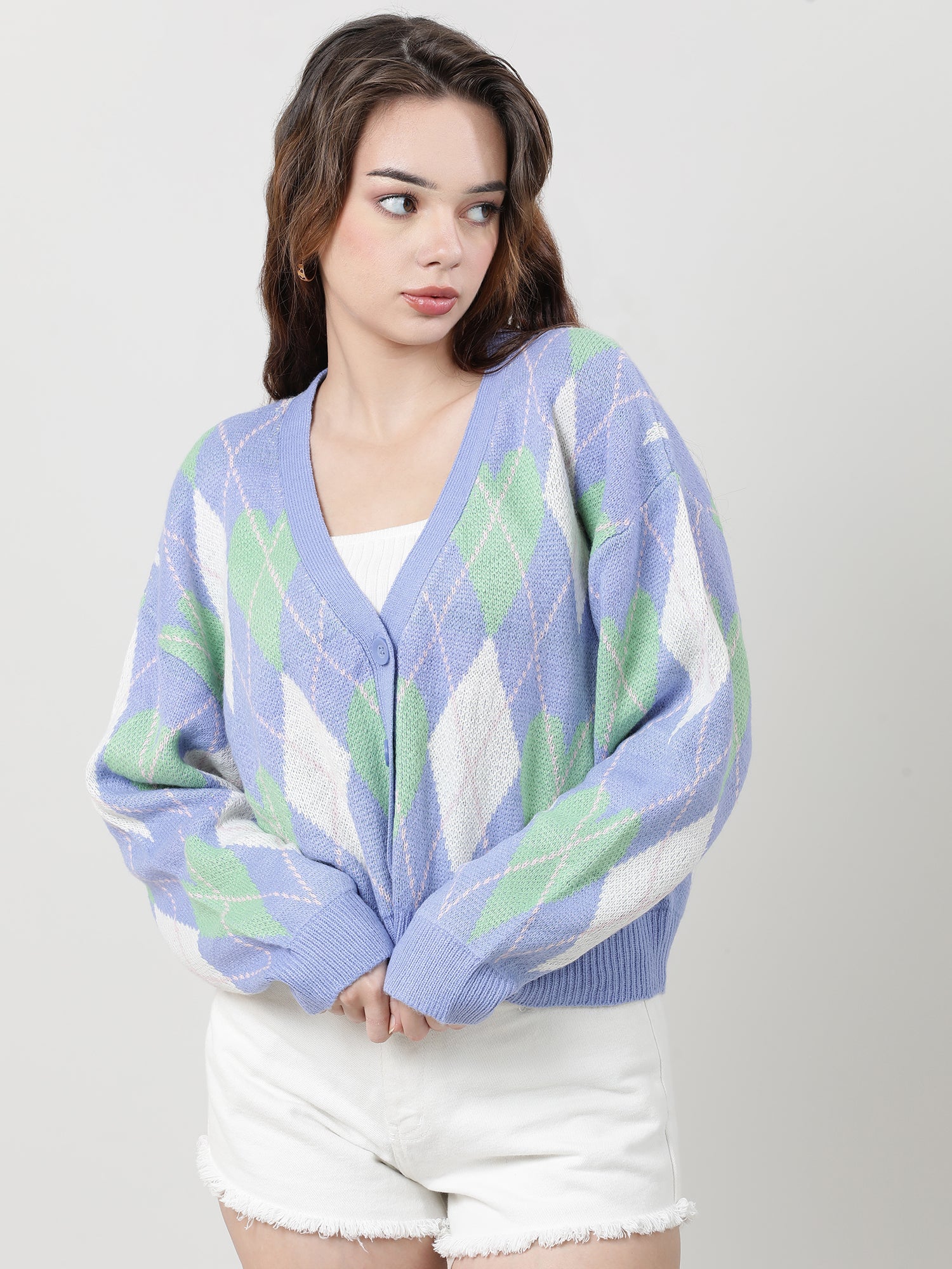 Women Slim Fit Blue Geometric Button Down Sweater - Image 2