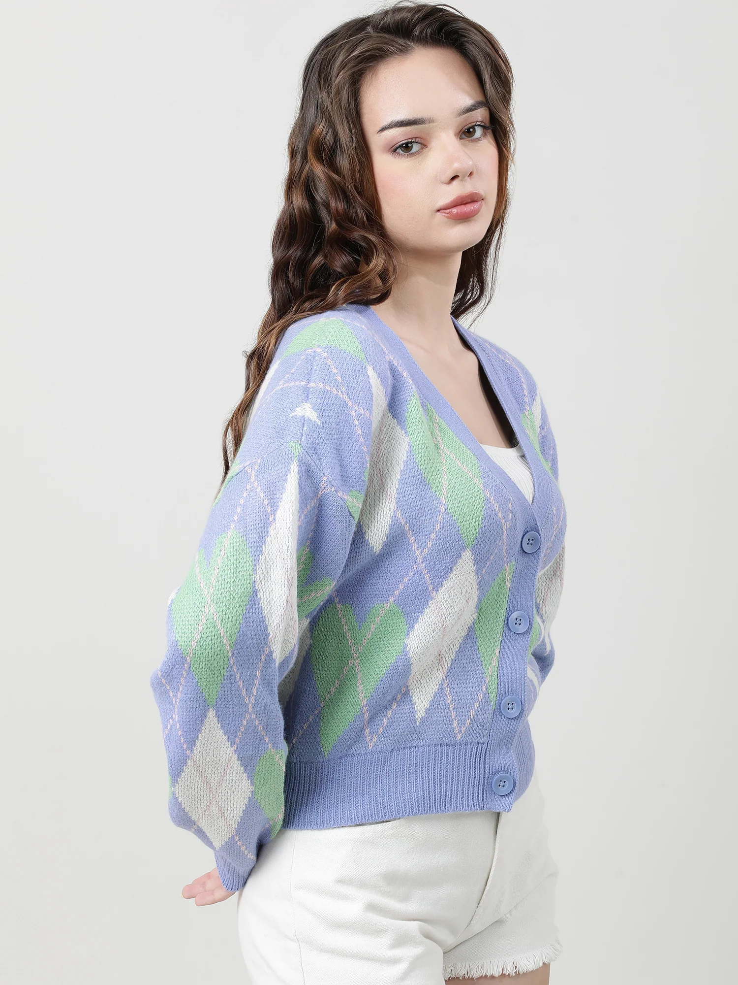 Women Slim Fit Blue Geometric Button Down Sweater - Image 4