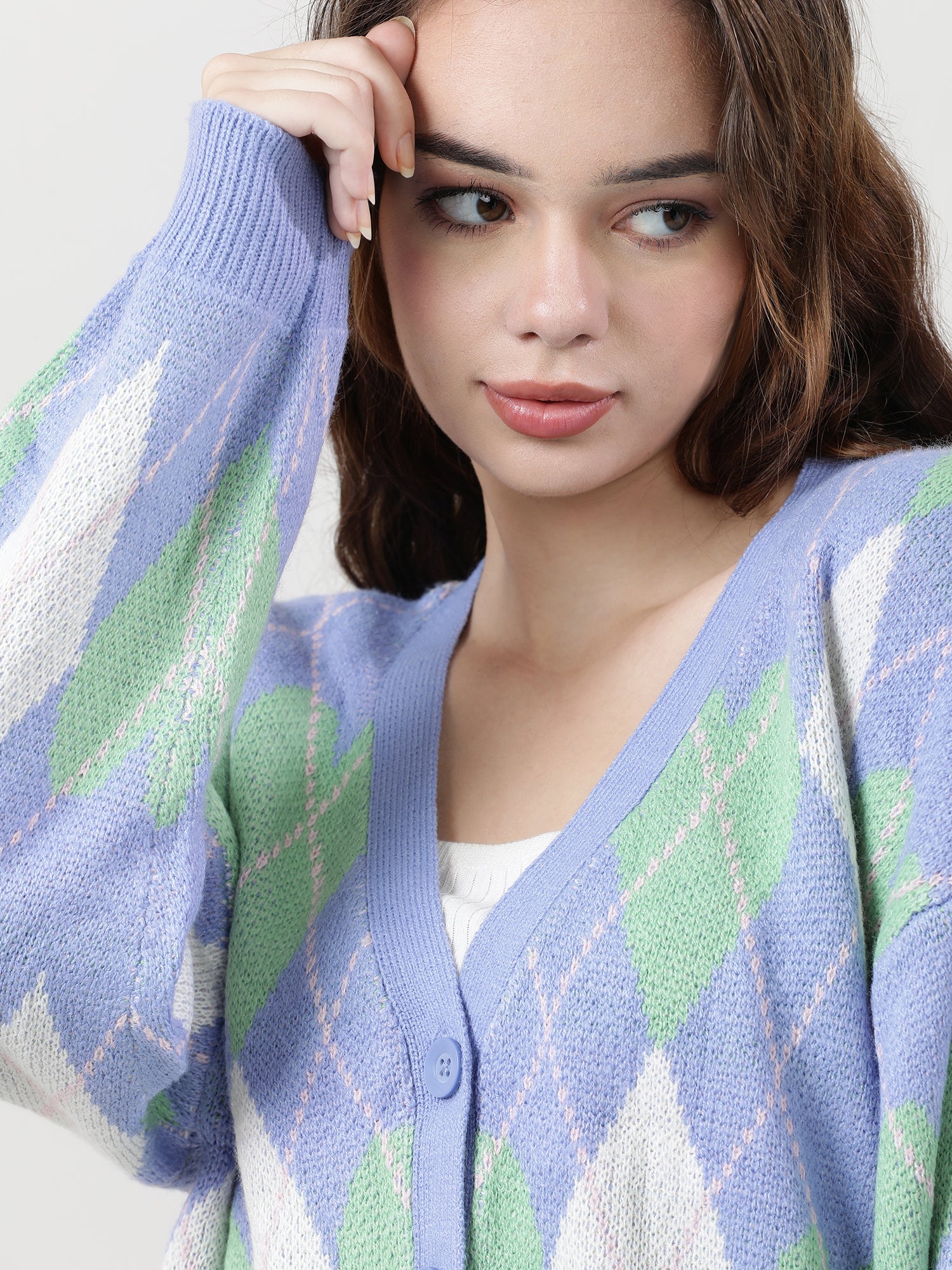 Women Slim Fit Blue Geometric Button Down Sweater - Image 5