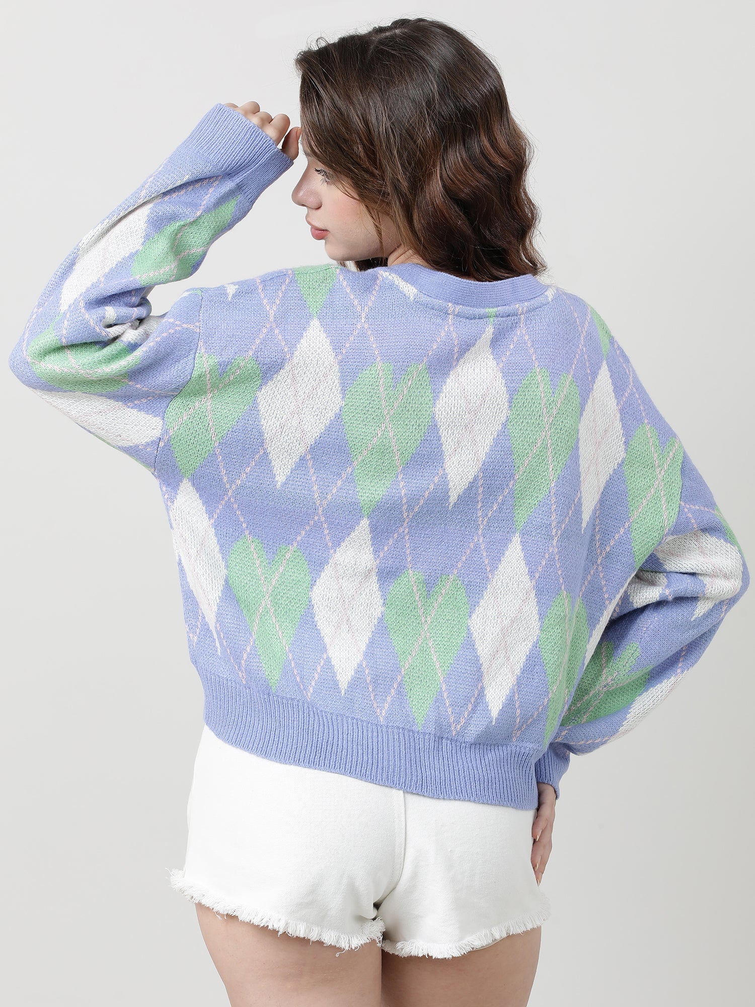 Women Slim Fit Blue Geometric Button Down Sweater - Image 6
