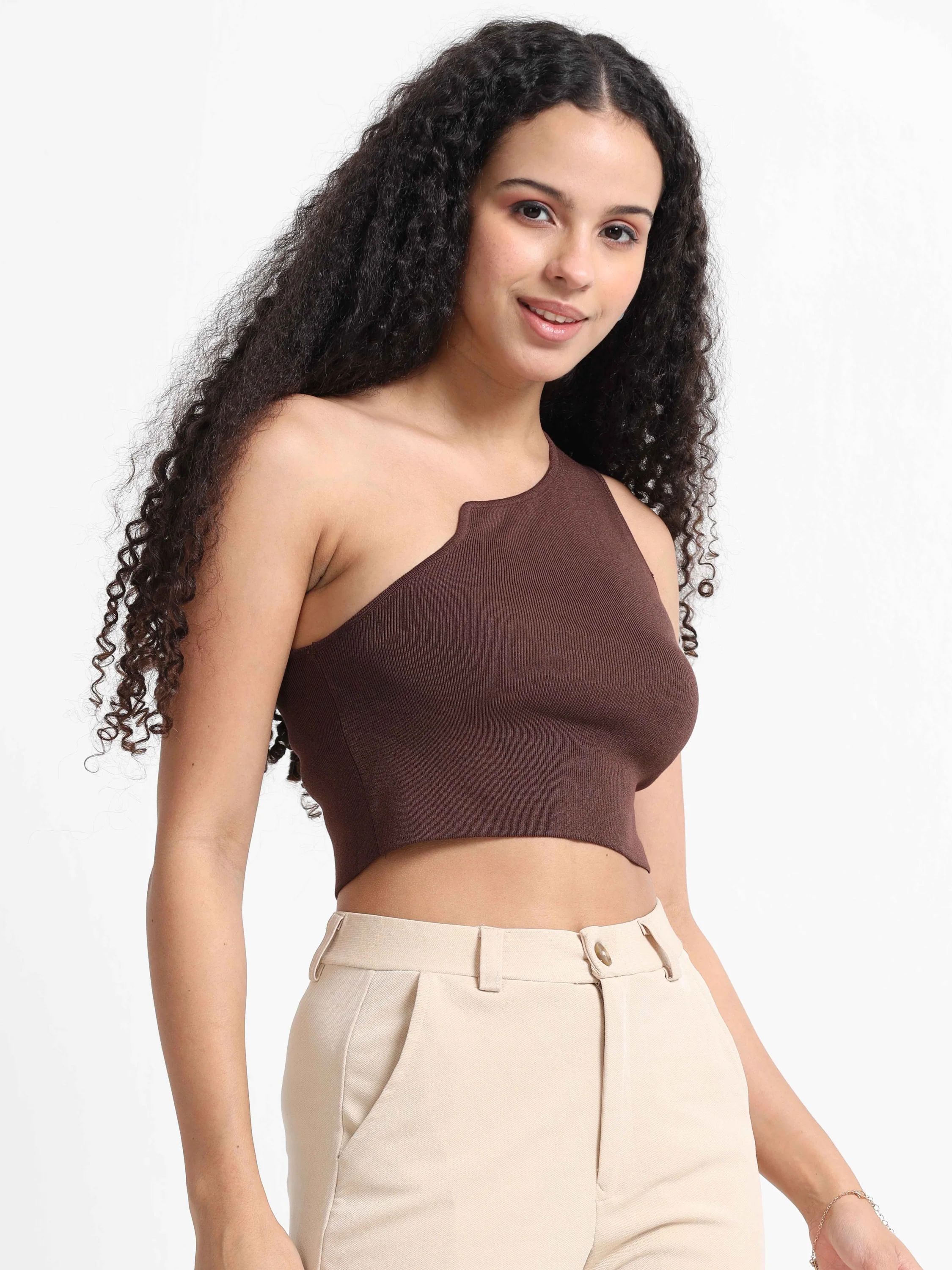 Women Brown One Shoulder Crop Top - Image 3