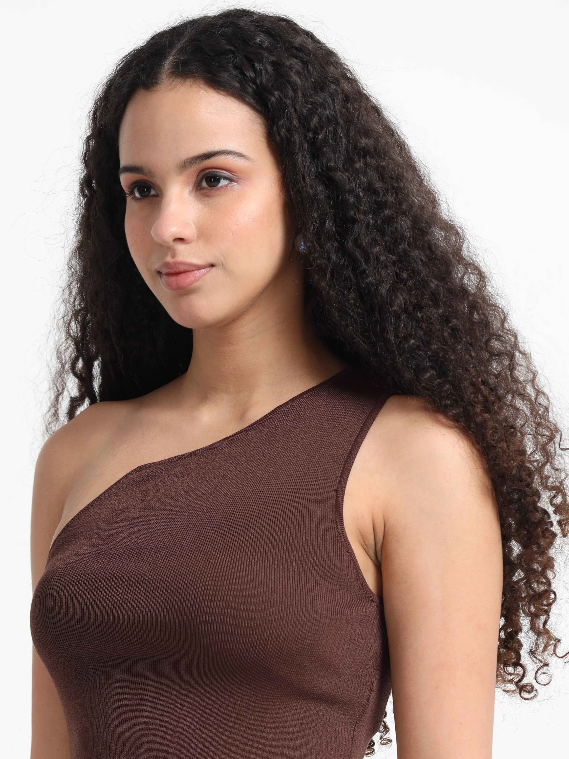 Women Brown One Shoulder Crop Top - Image 4