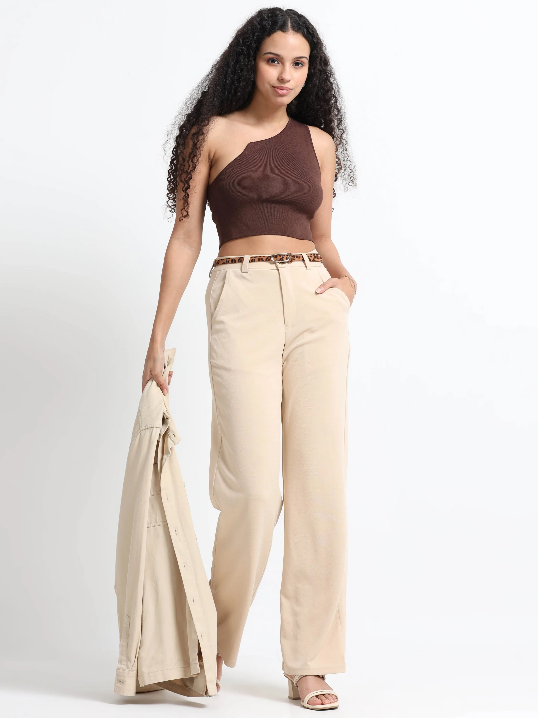 Women Brown One Shoulder Crop Top - Image 6