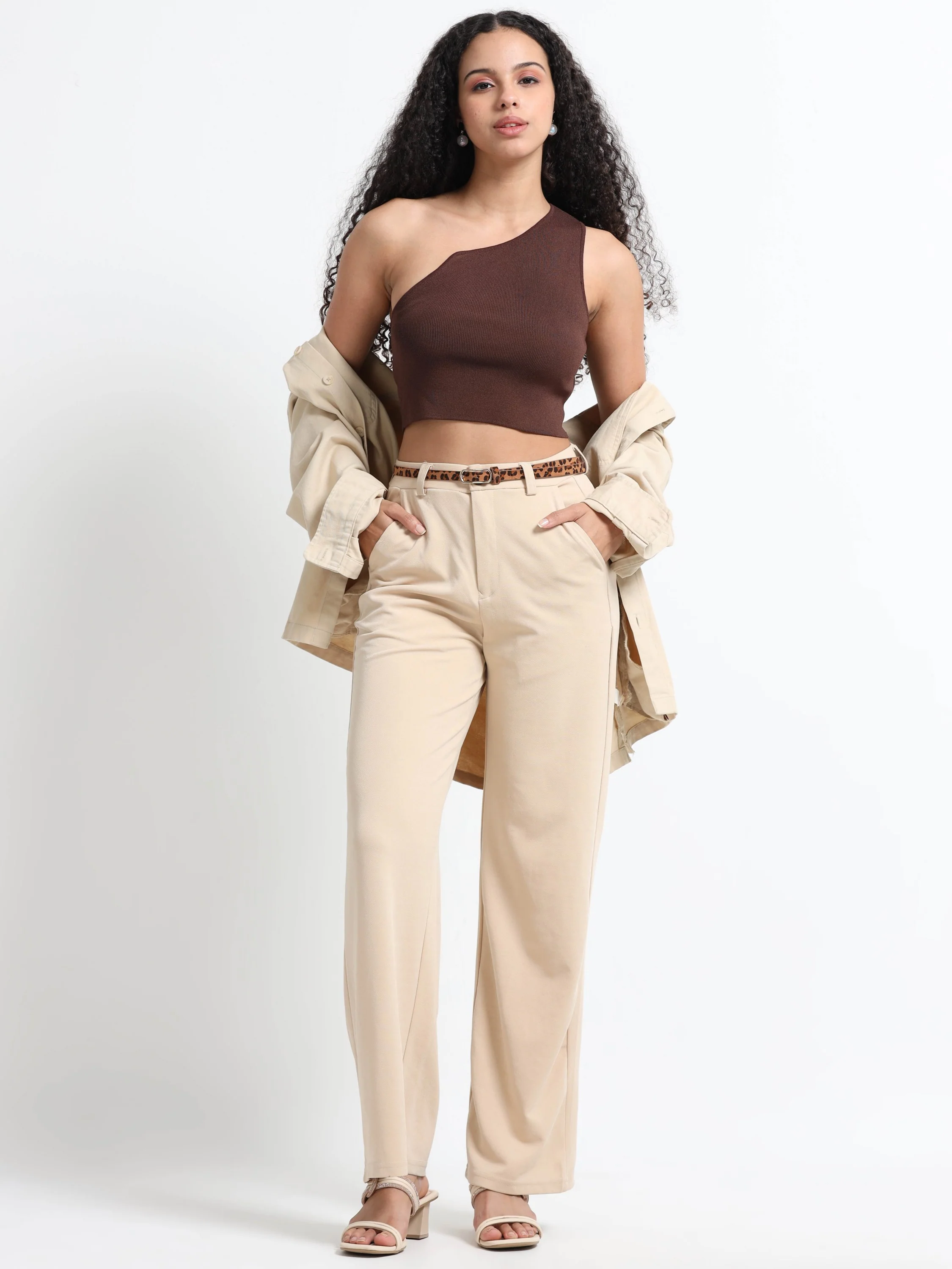 Women Brown One Shoulder Crop Top - Image 7