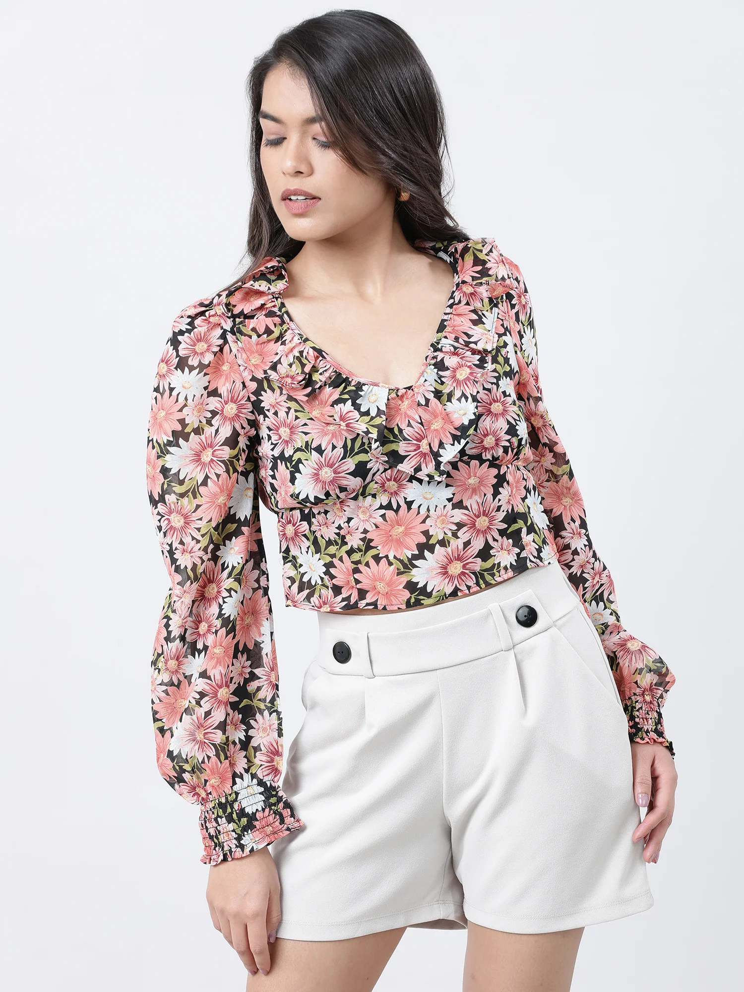 Women Slim Fit Coral Floral Print Top With Frills - Image 2