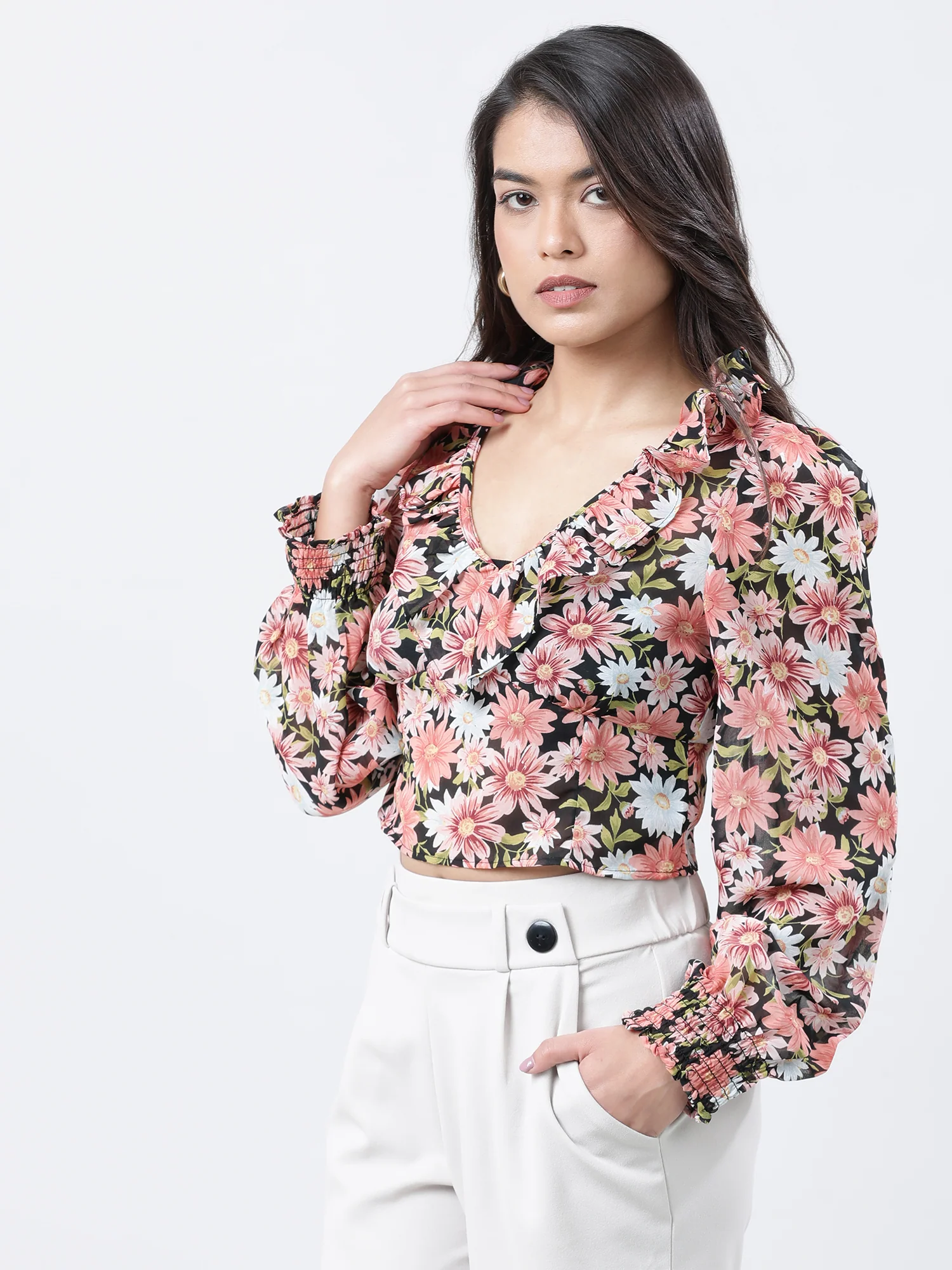 Women Slim Fit Coral Floral Print Top With Frills - Image 3