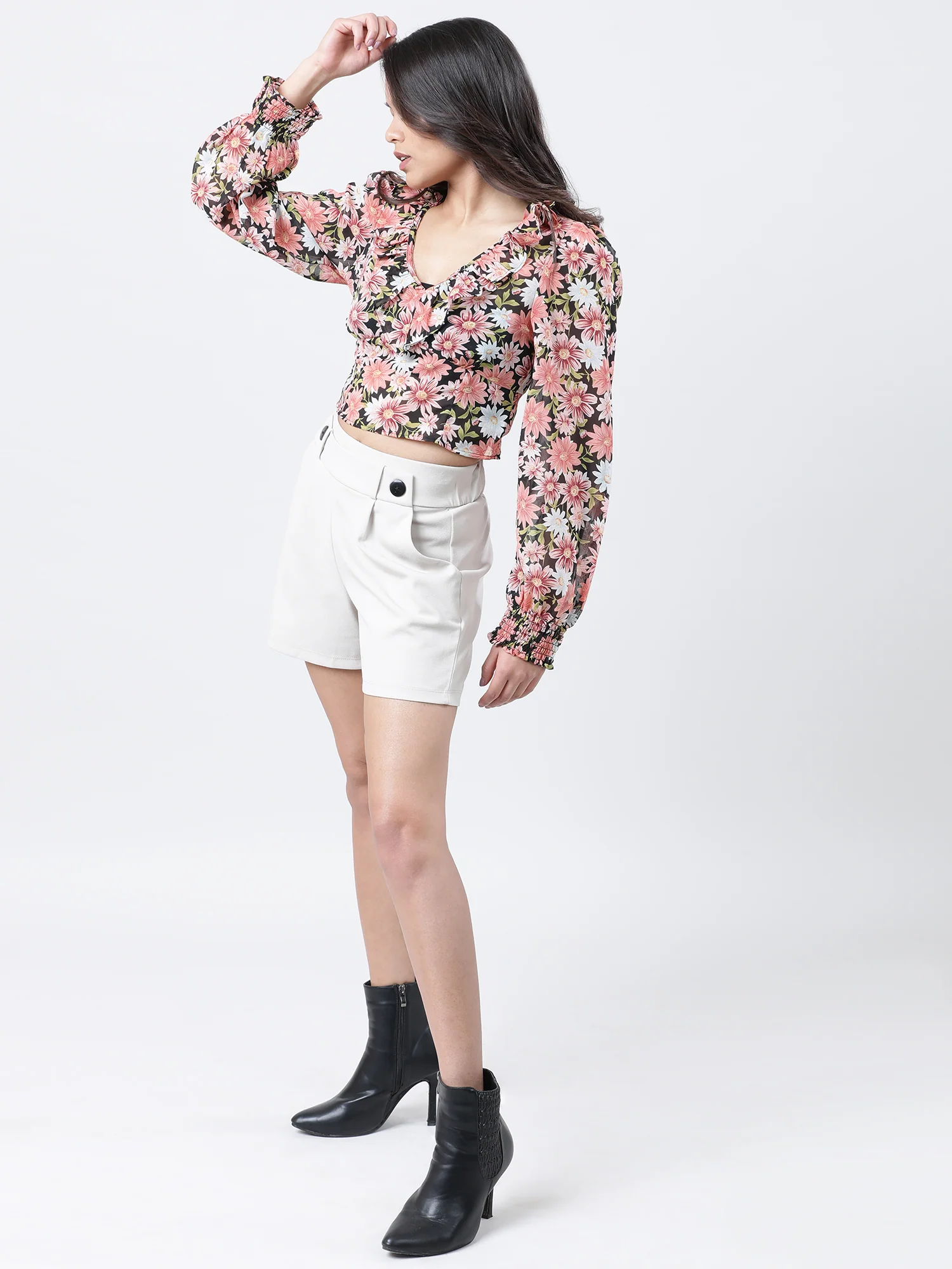 Women Slim Fit Coral Floral Print Top With Frills - Image 4