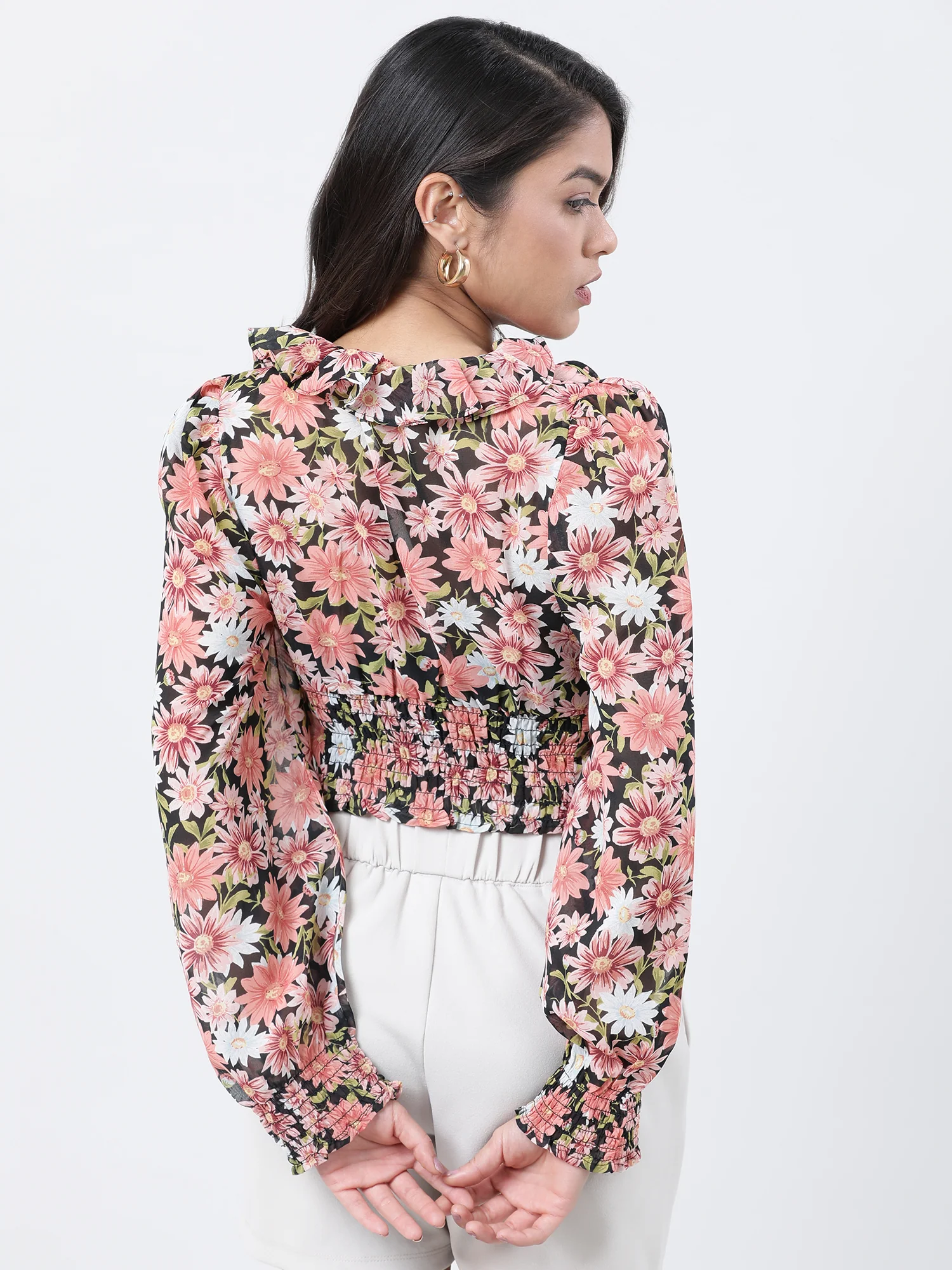 Women Slim Fit Coral Floral Print Top With Frills - Image 6