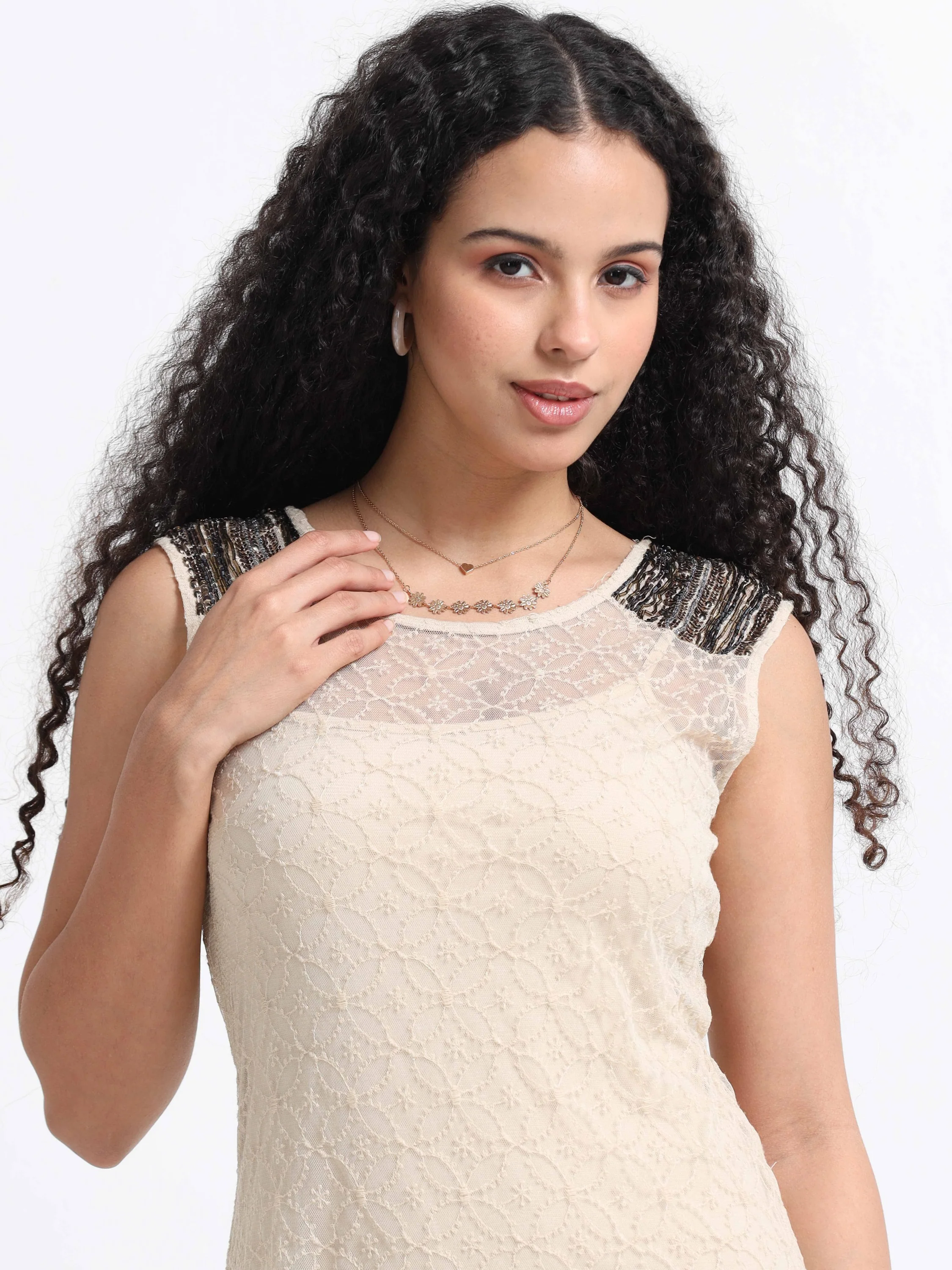 Women Cream Embellished Lace Dress - Image 5