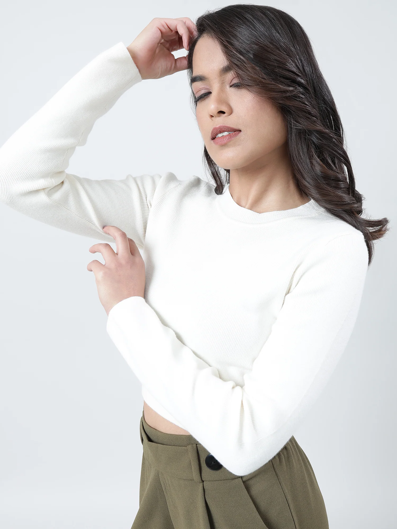 Women Slim Fit Cream Ribbed T Shirt With Full Sleeves - Image 3