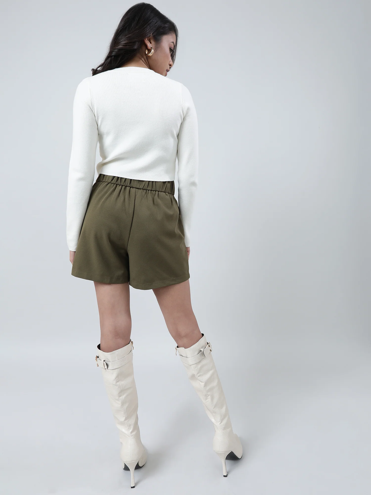 Women Slim Fit Cream Ribbed T Shirt With Full Sleeves - Image 4
