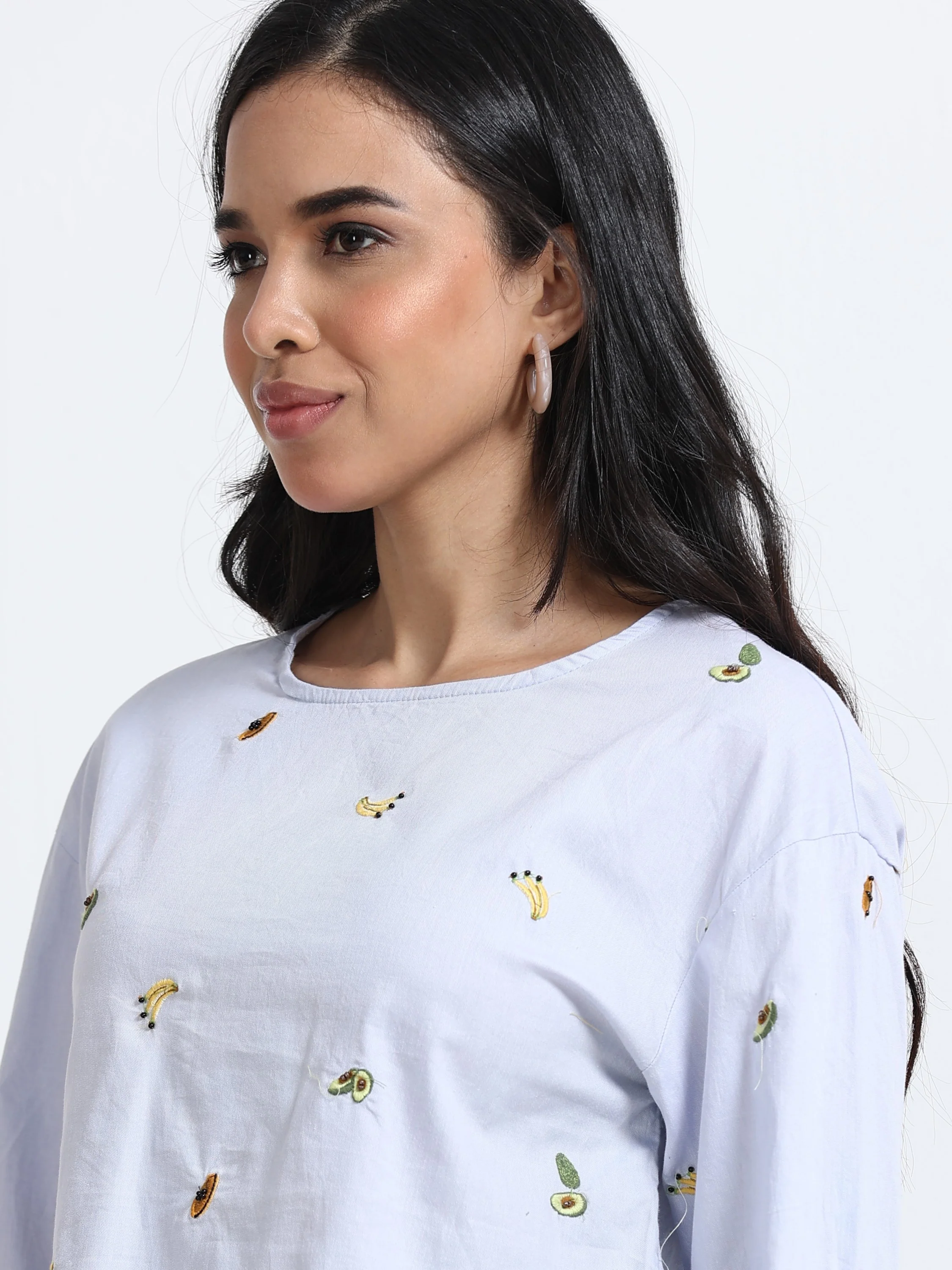 Women Fruit Embroidered Cutout Back Long Sleeve Top - Image 3