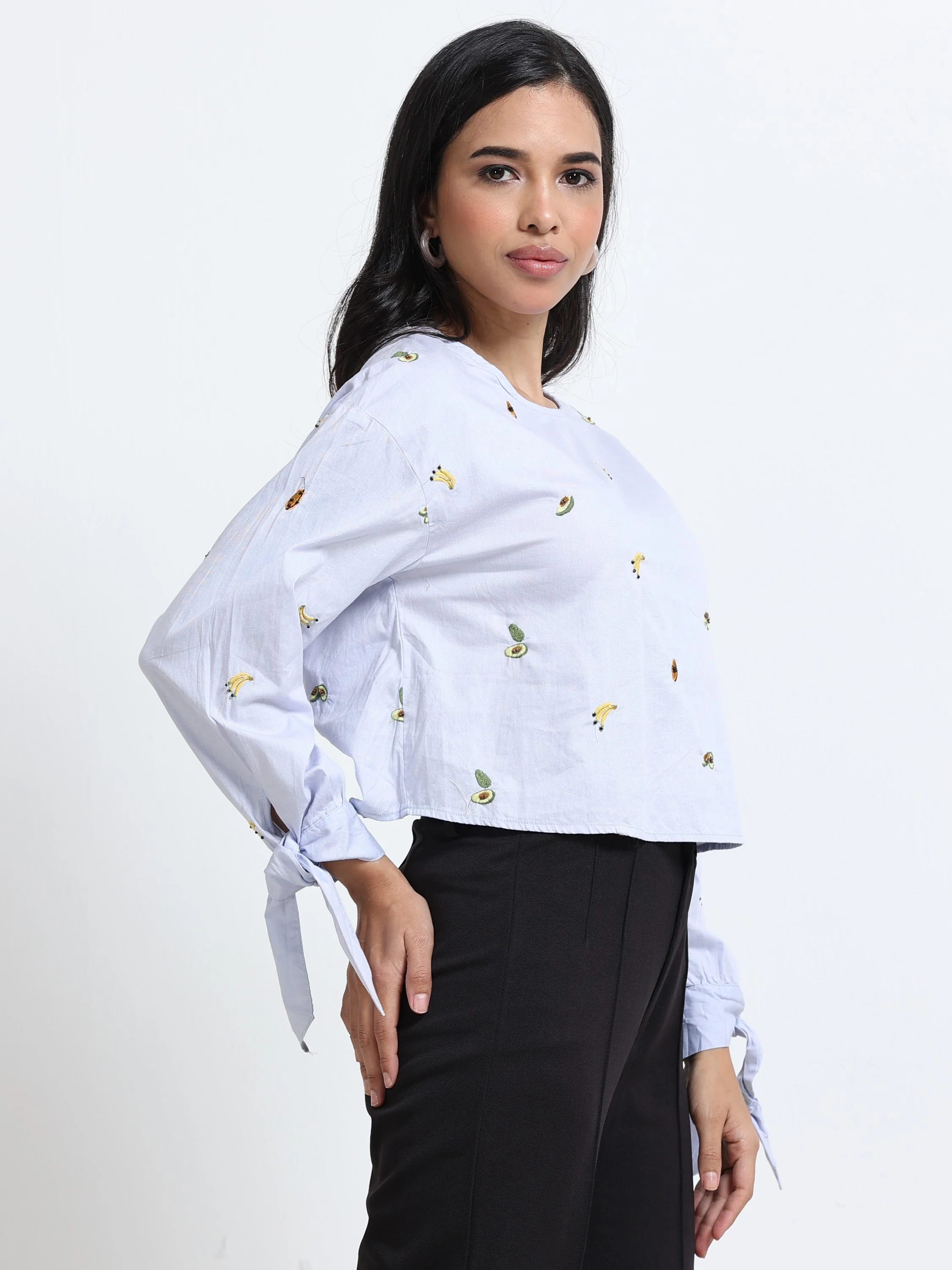 Women Fruit Embroidered Cutout Back Long Sleeve Top - Image 5