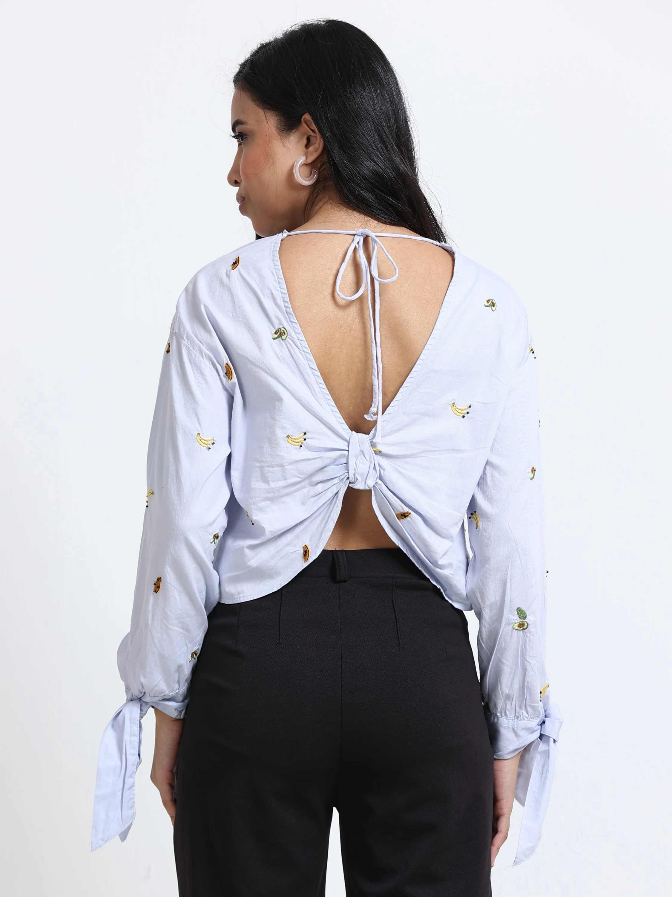 Women Fruit Embroidered Cutout Back Long Sleeve Top - Image 6
