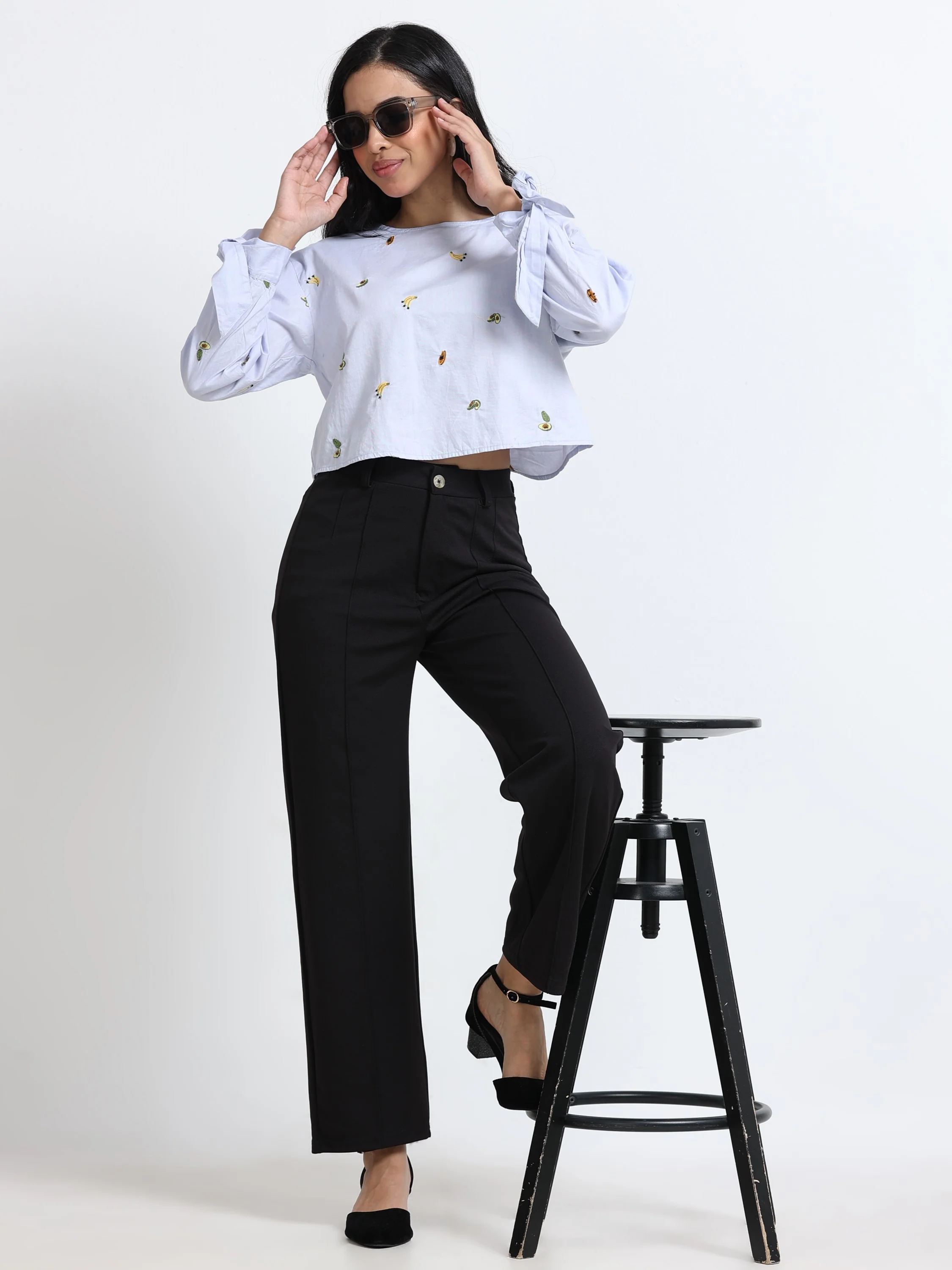 Women Fruit Embroidered Cutout Back Long Sleeve Top - Image 7