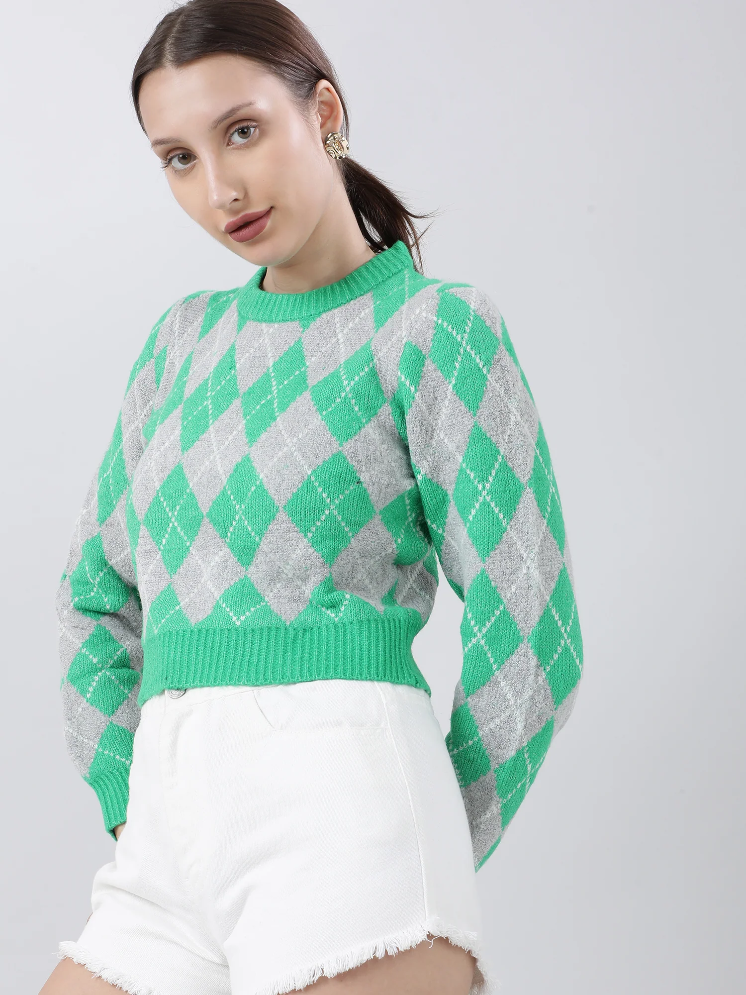 Women Slim Fit Green Geometric Sweater - Image 3
