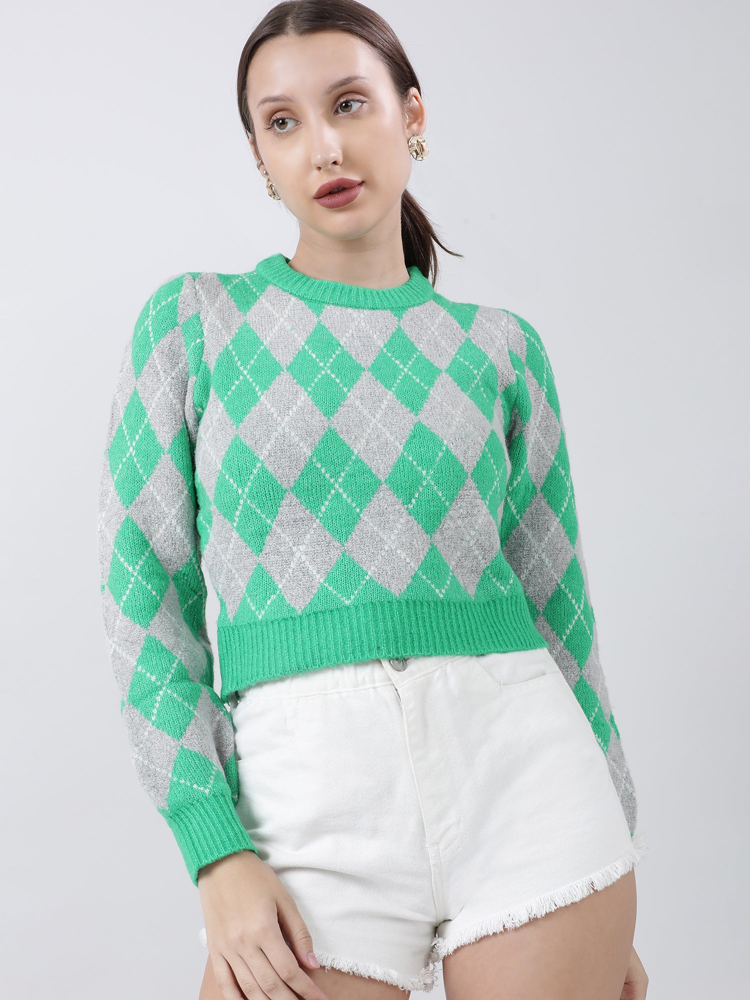 Women Slim Fit Green Geometric Sweater - Image 4