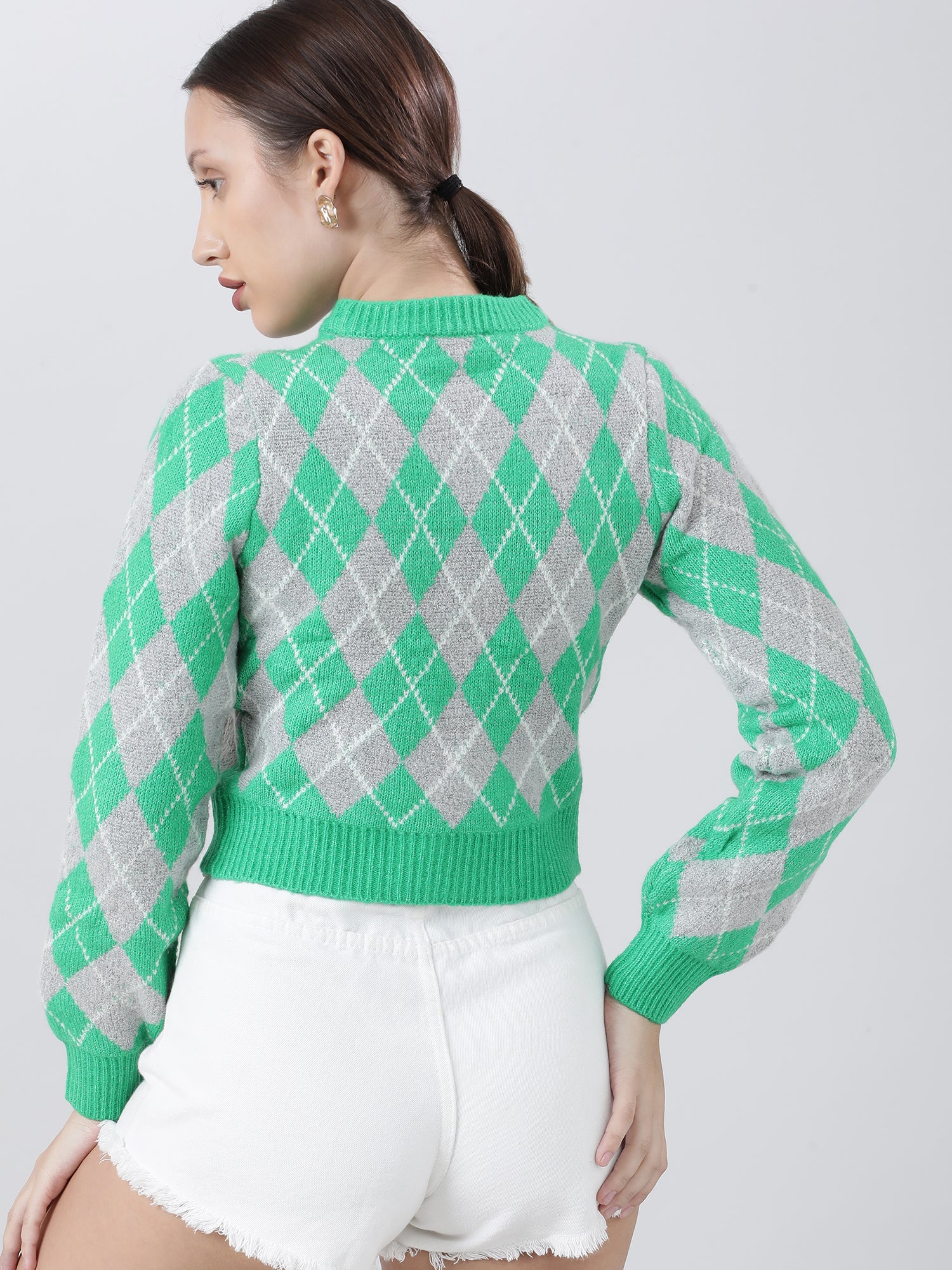 Women Slim Fit Green Geometric Sweater - Image 5