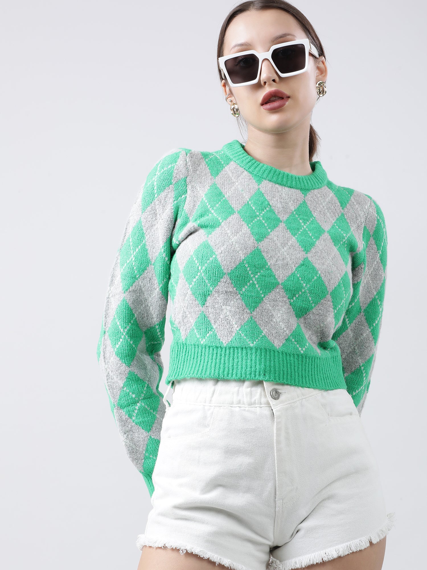 Women Slim Fit Green Geometric Sweater - Image 6