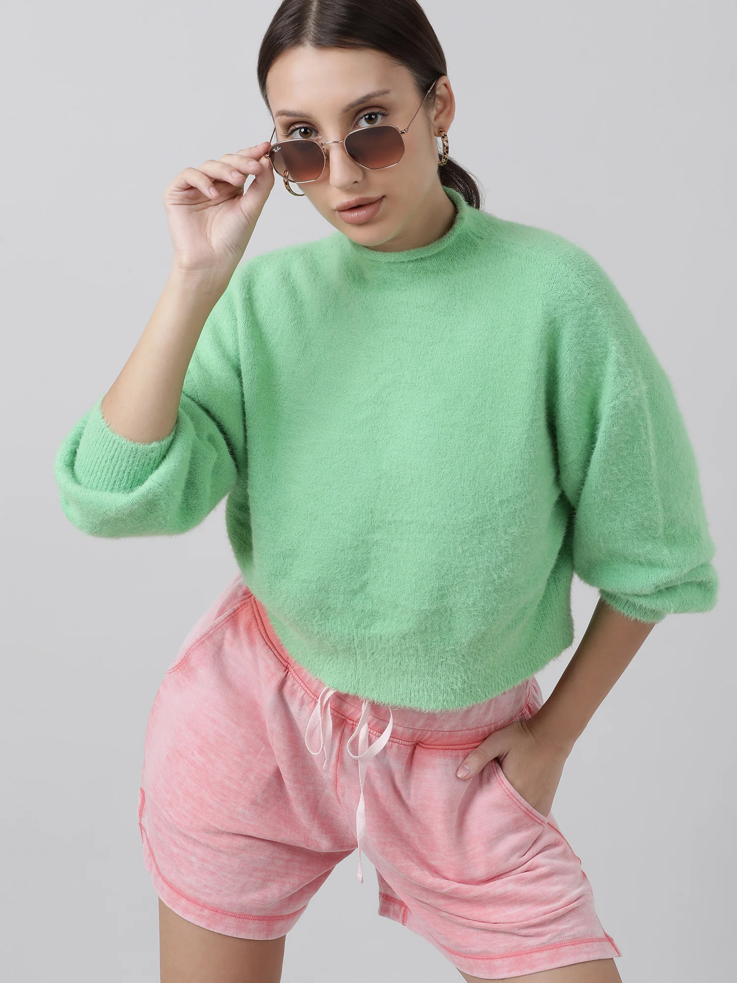 Women Slim Fit Green Geometric Sweater - Image 6