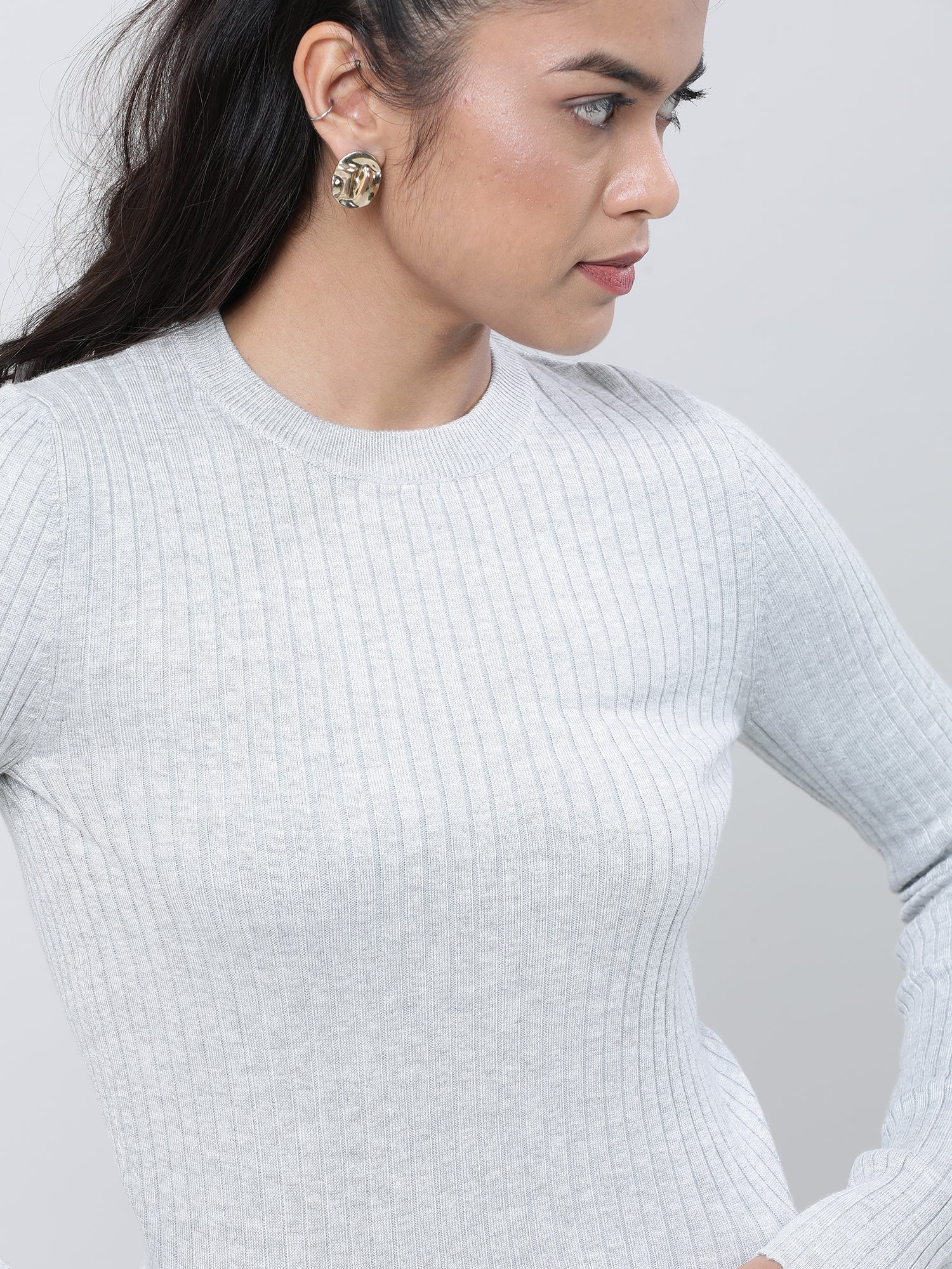 Women Slim Fit Grey Ribbed Top - Image 3