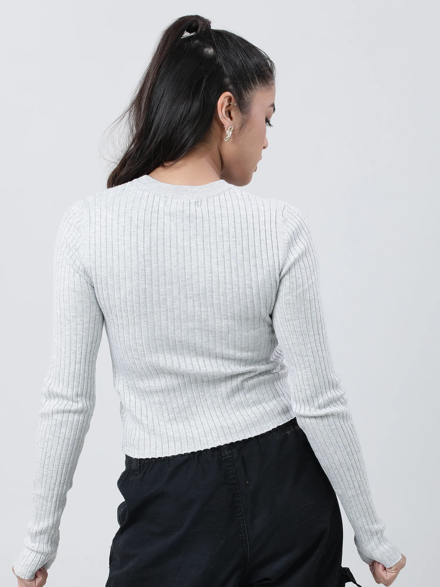 Women Slim Fit Grey Ribbed Top - Image 4