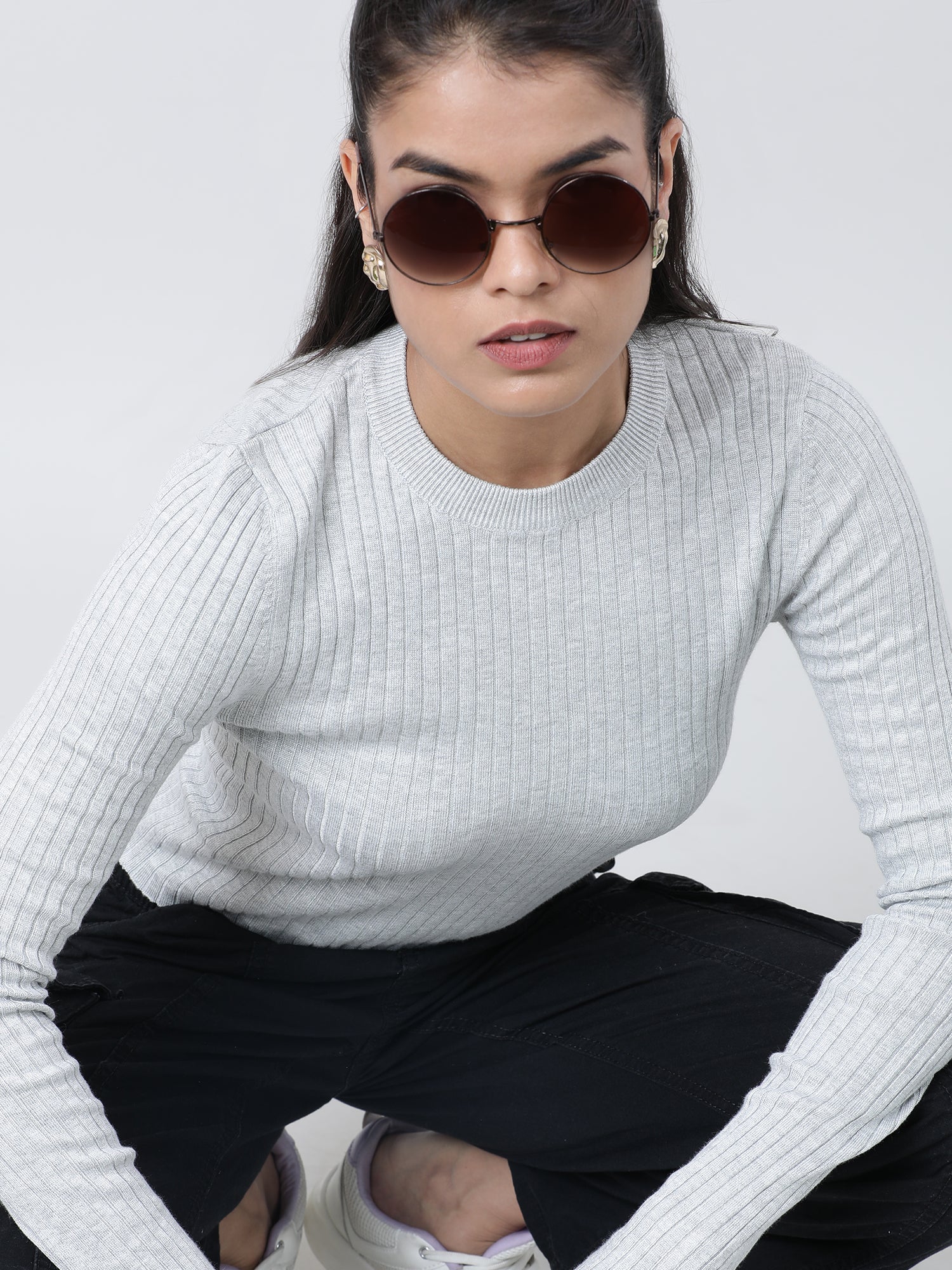 Women Slim Fit Grey Ribbed Top - Image 5