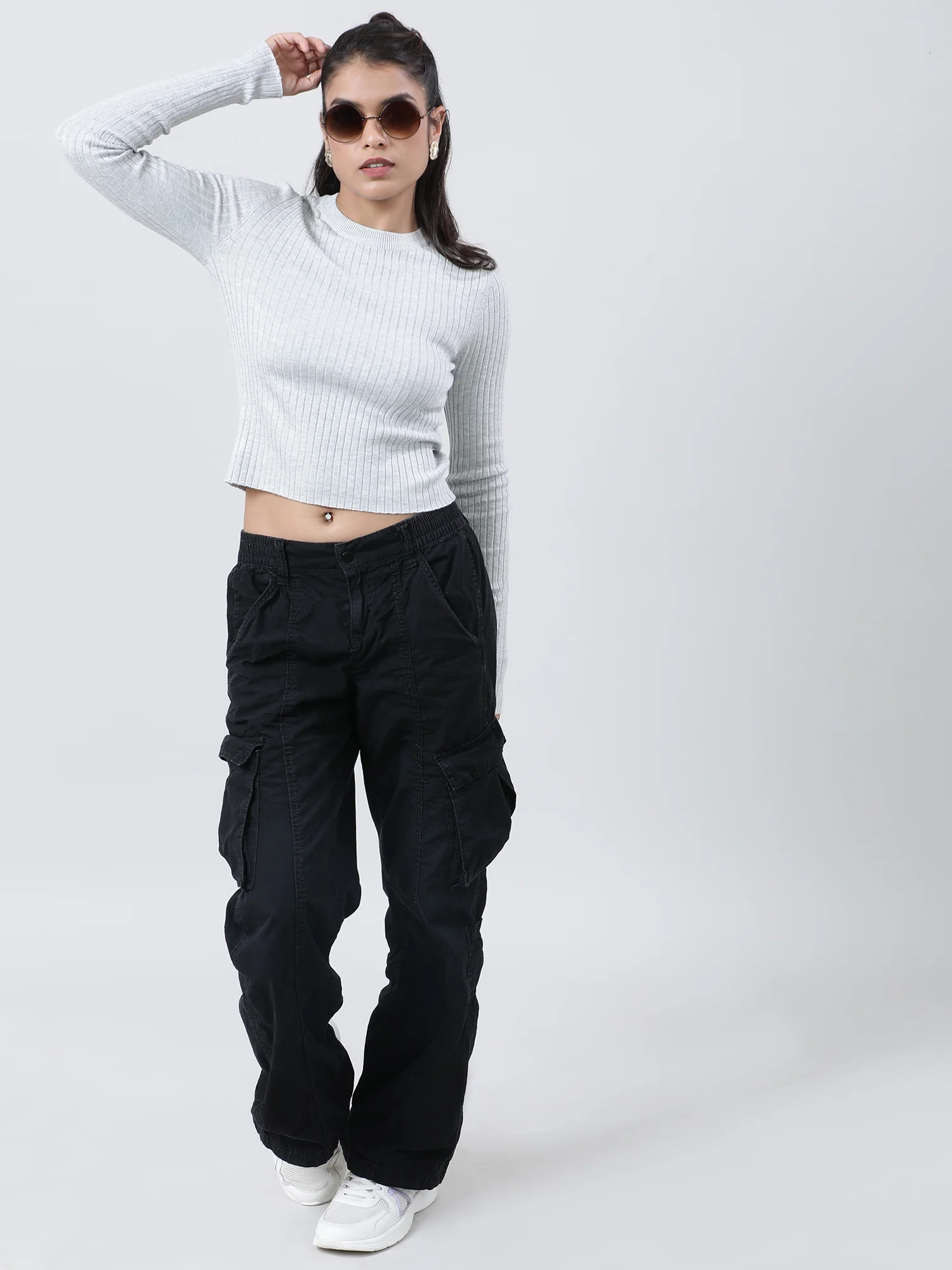 Women Slim Fit Grey Ribbed Top - Image 6