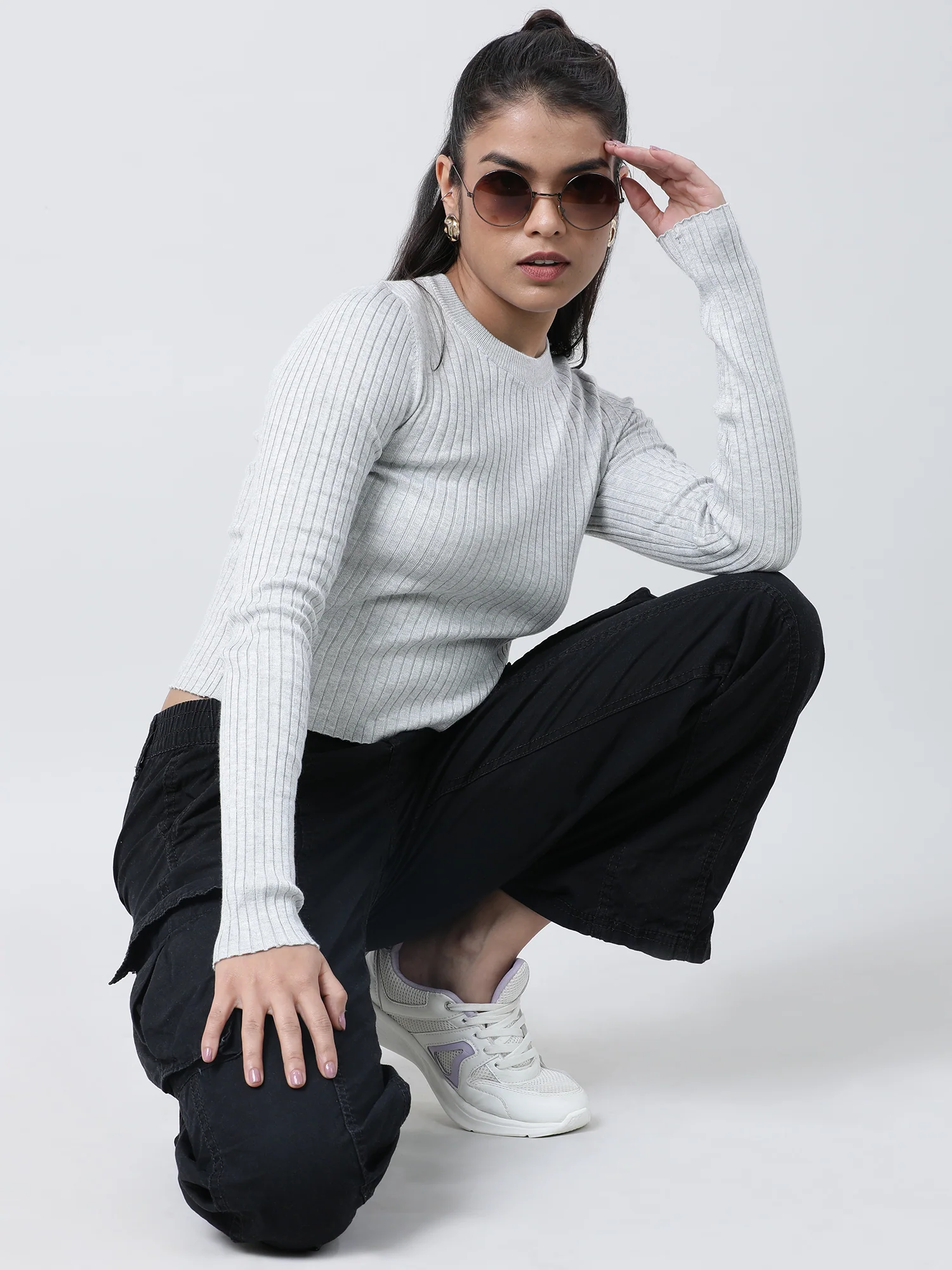 Women Slim Fit Grey Ribbed Top - Image 7