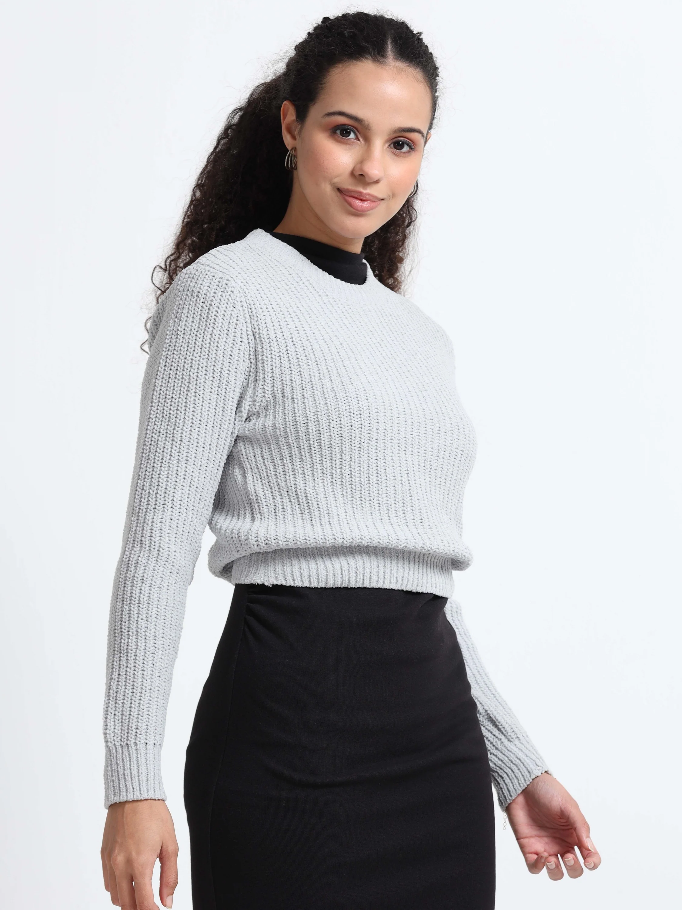 Women Slim Fit Grey Sweater - Image 3