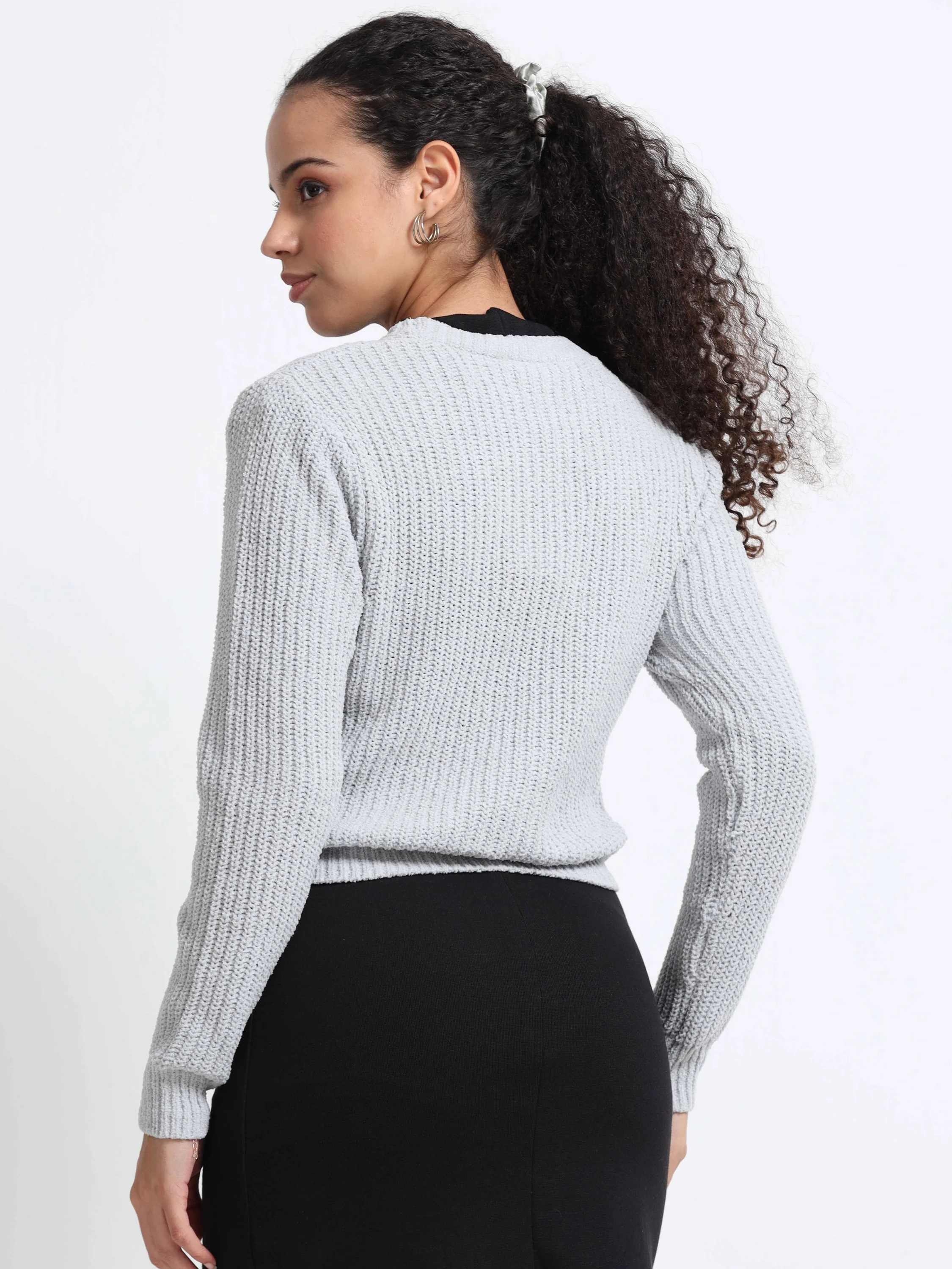Women Slim Fit Grey Sweater - Image 4