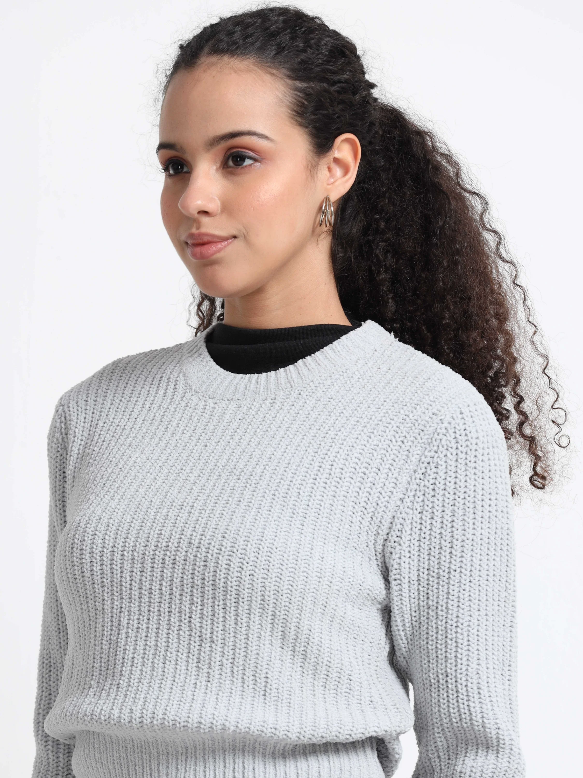 Women Slim Fit Grey Sweater - Image 5