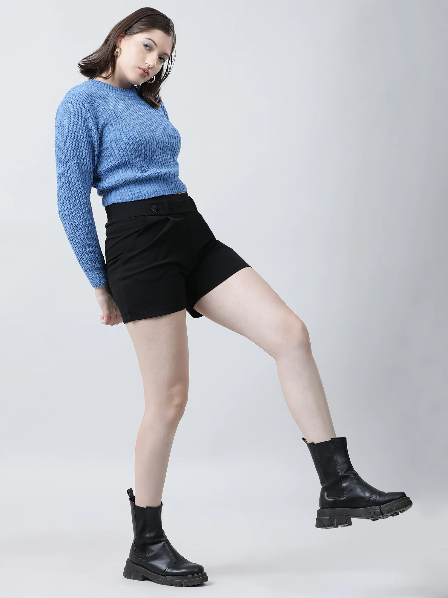Women Slim Fit Knitted Round Neck Blue Sweater - Image 4
