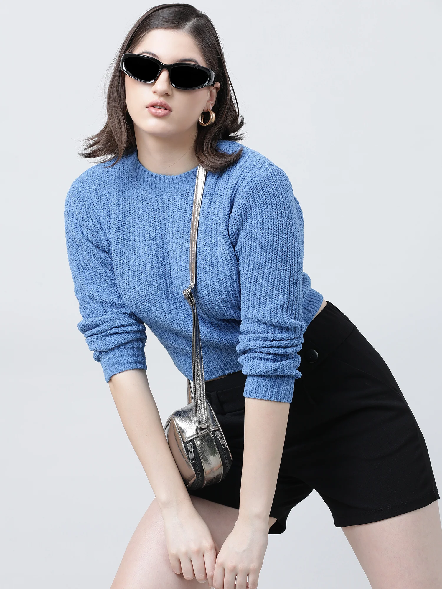 Women Slim Fit Knitted Round Neck Blue Sweater - Image 6